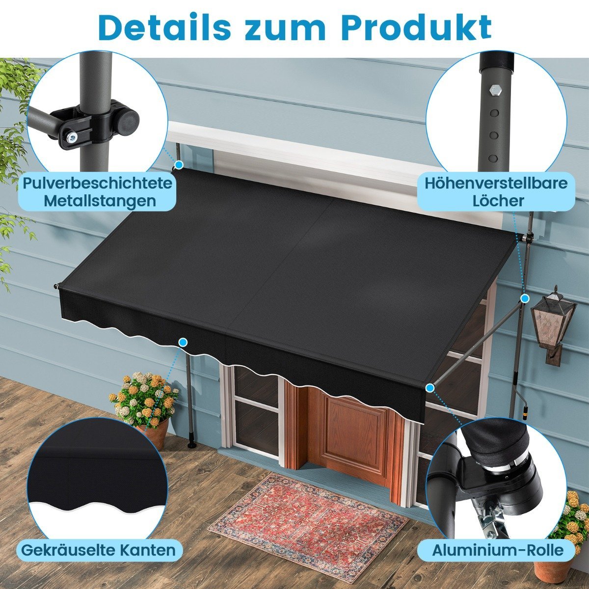 250 cm Retractable Balcony Awning, No-Drill, Black