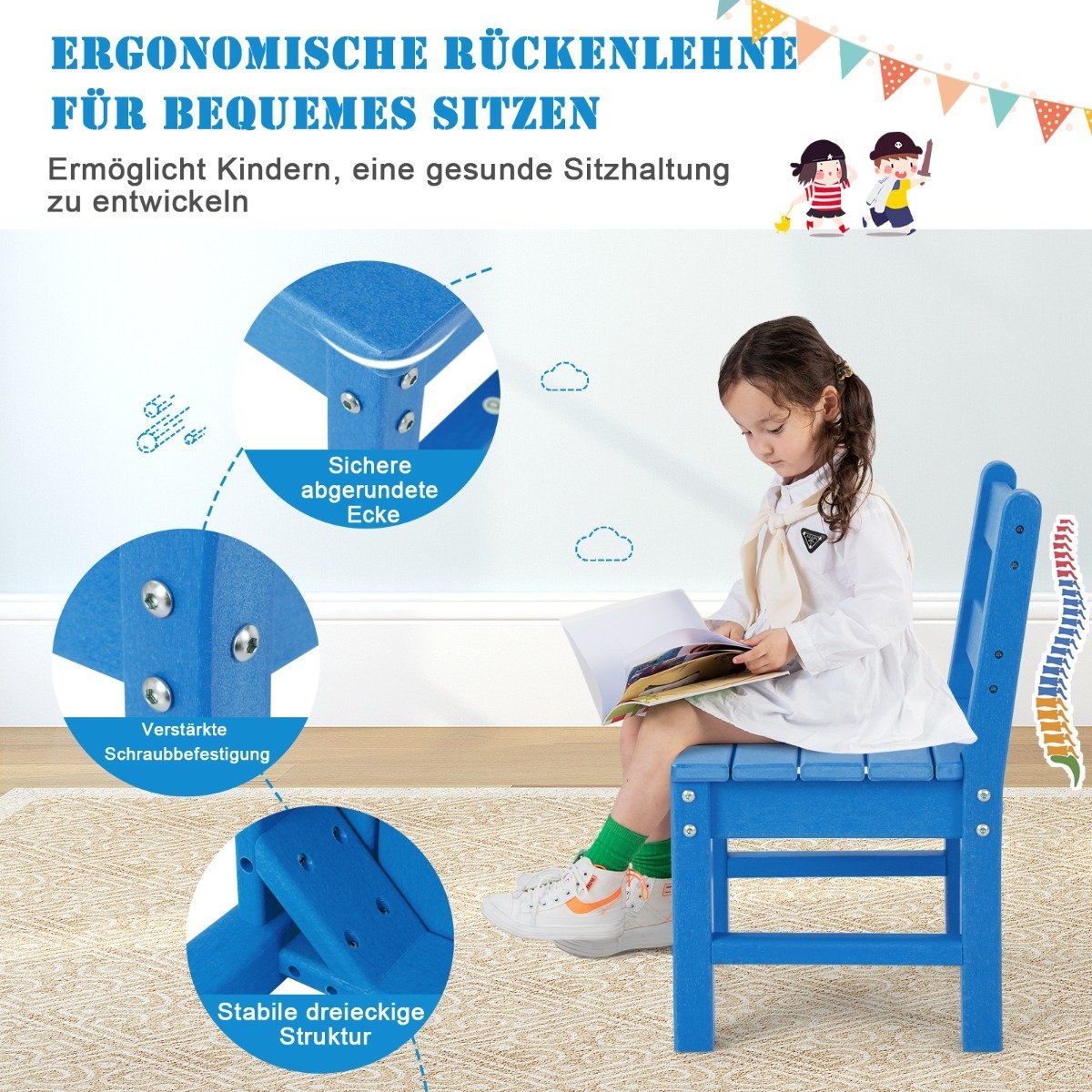 2 Children's Chairs for Indoor & Outdoor Weatherproof Heavy Duty Learning Chair for Toddlers Blue