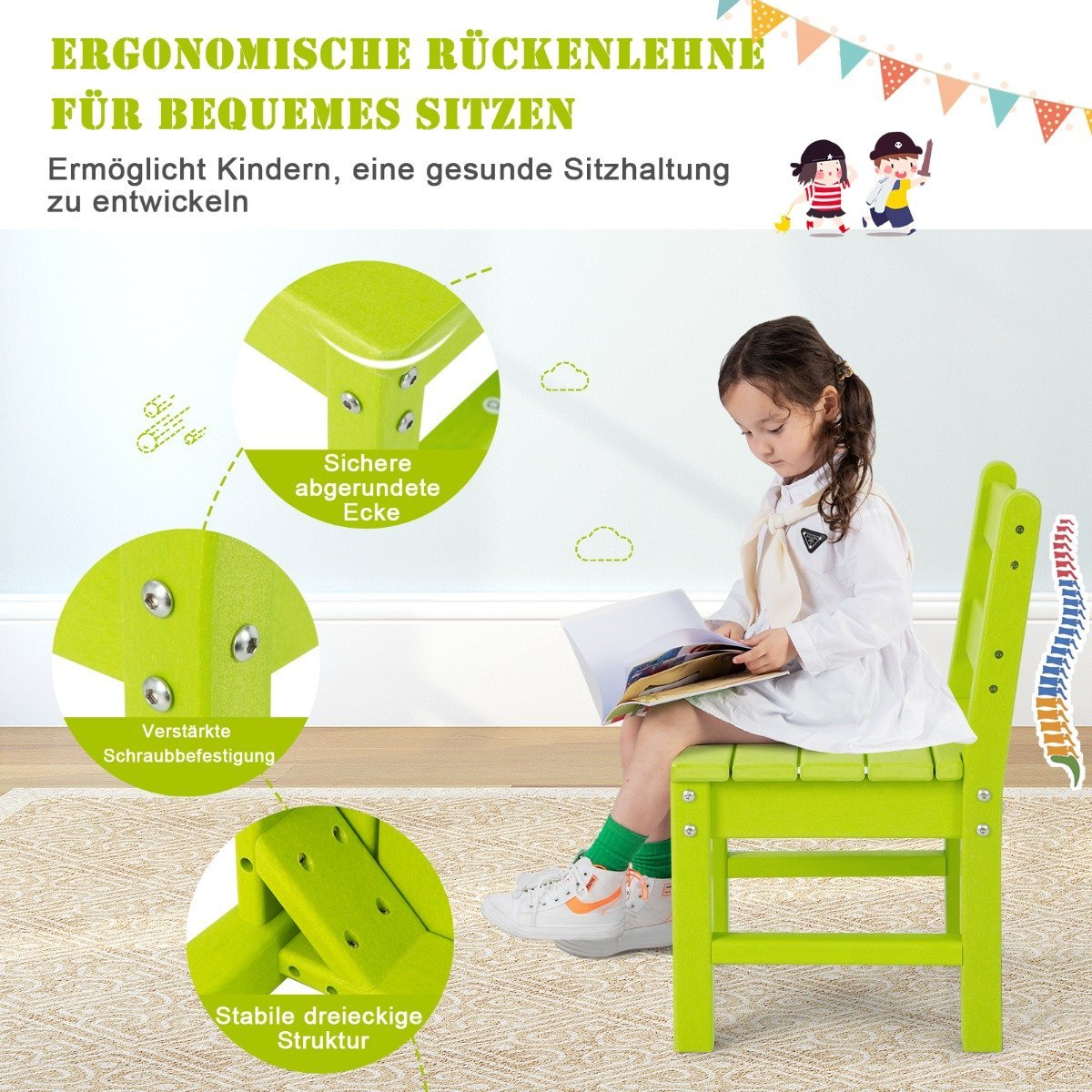2 Children's Chairs for Indoor & Outdoor Weatherproof Heavy Duty Learning Chair for Toddlers Green