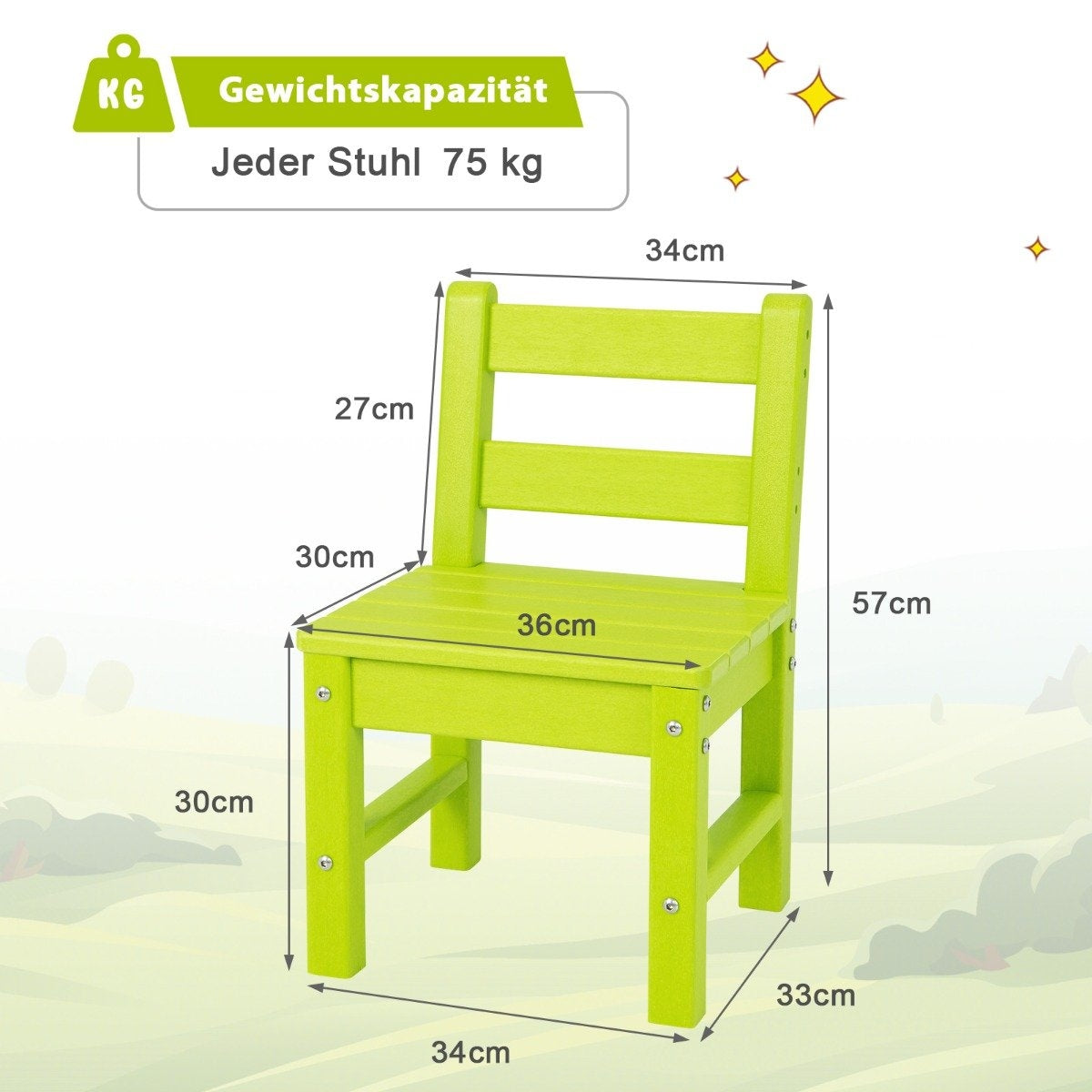 2 Children's Chairs for Indoor & Outdoor Weatherproof Heavy Duty Learning Chair for Toddlers Green