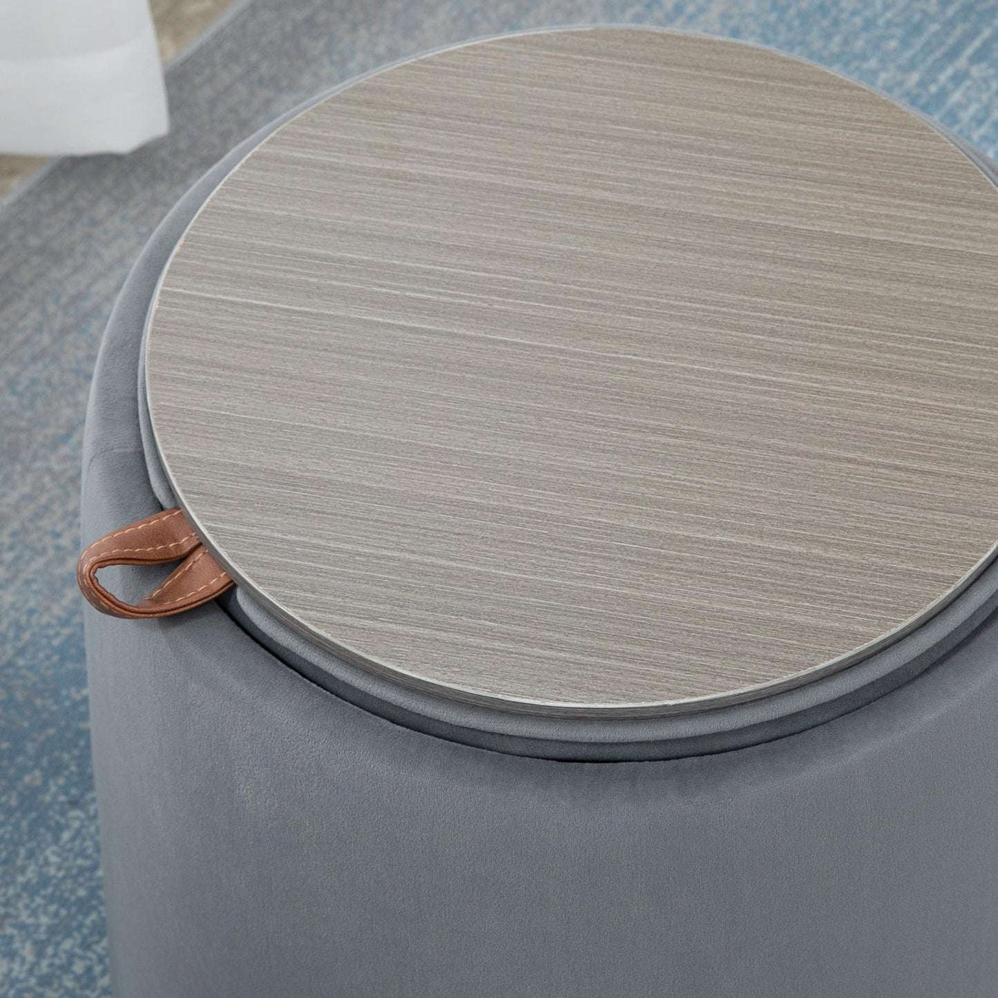 Round ottoman stool in velvet look with storage, gray