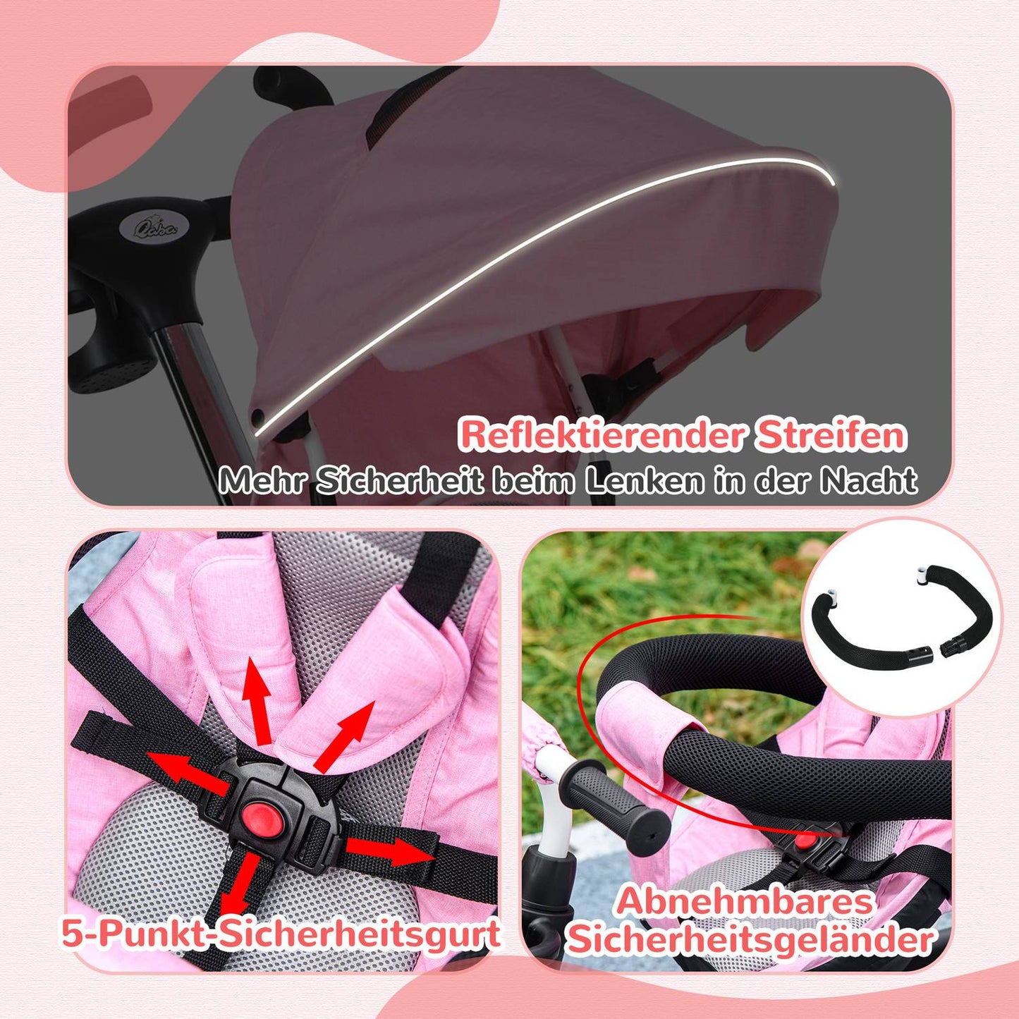 2-in-1 pink tricycle with canopy, safety belt and basket