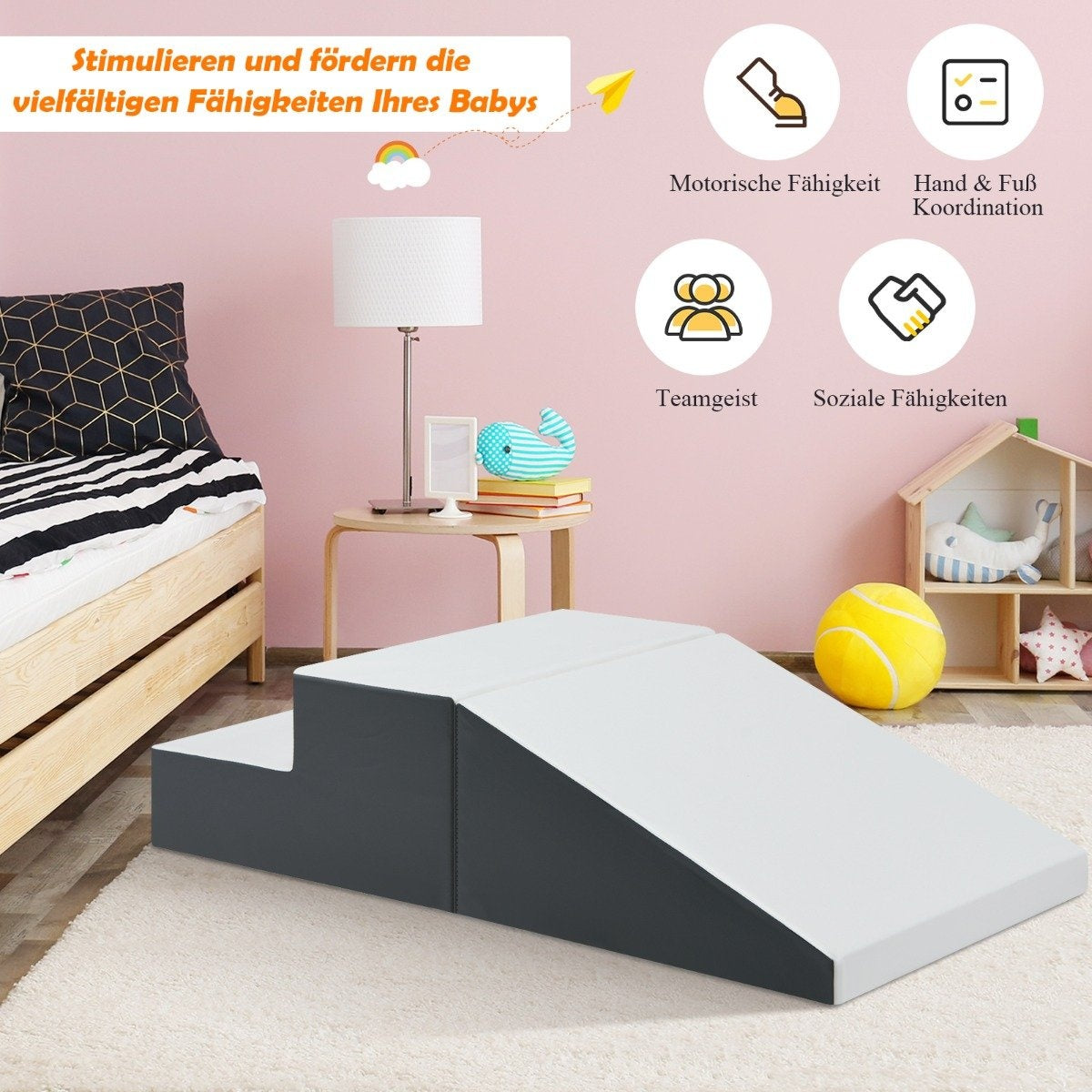2PCS. Soft Building Blocks Foam Toddler Stairs & Ramp Climbing Toy White + Gray