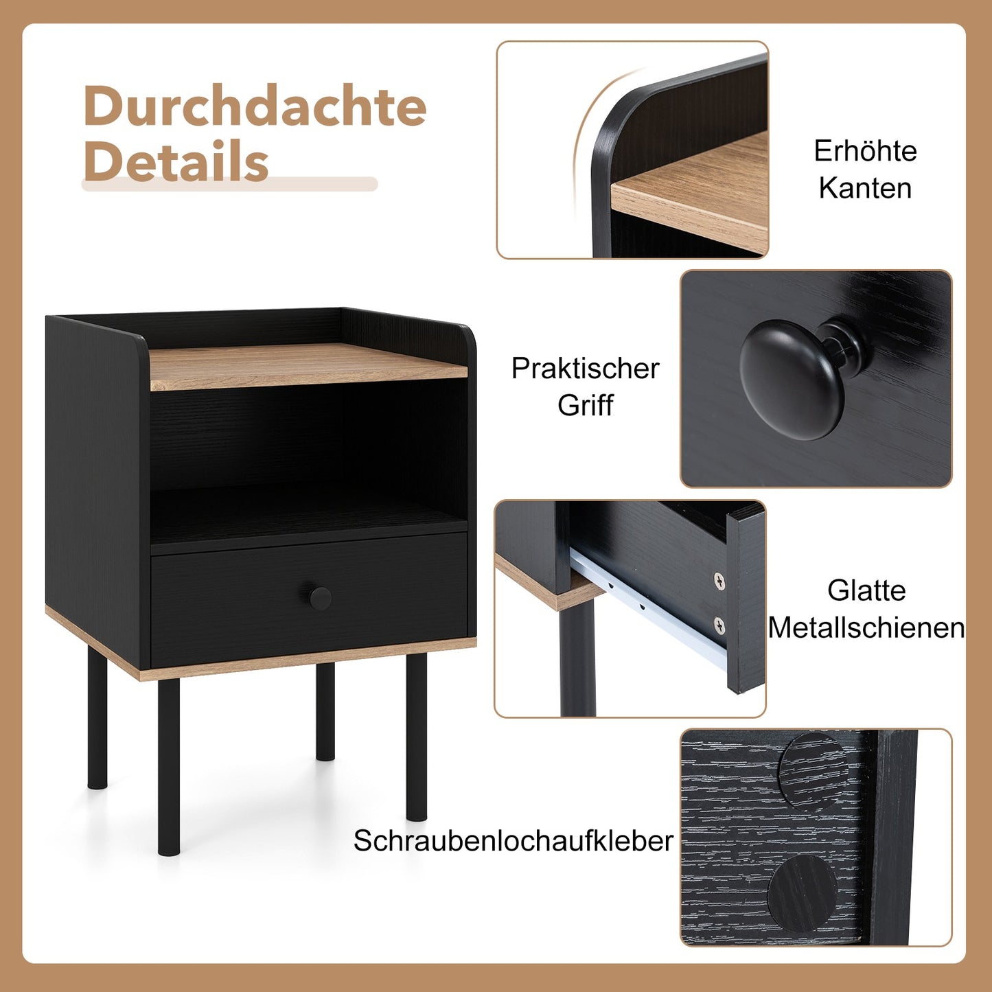 2-Piece Black Nightstand Set with Drawer & Shelf