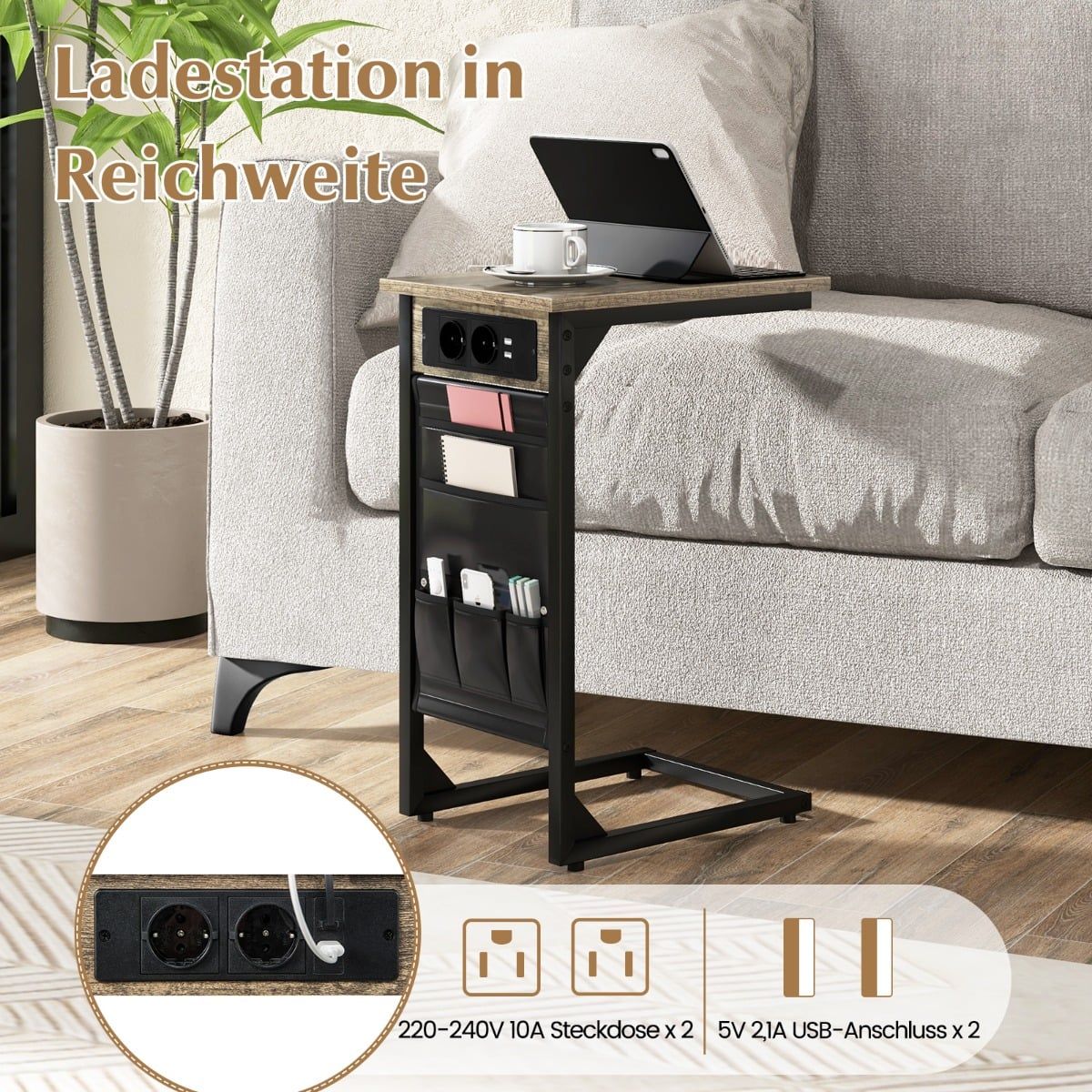 2-Piece C-Shaped Side Table Set with Charging Station