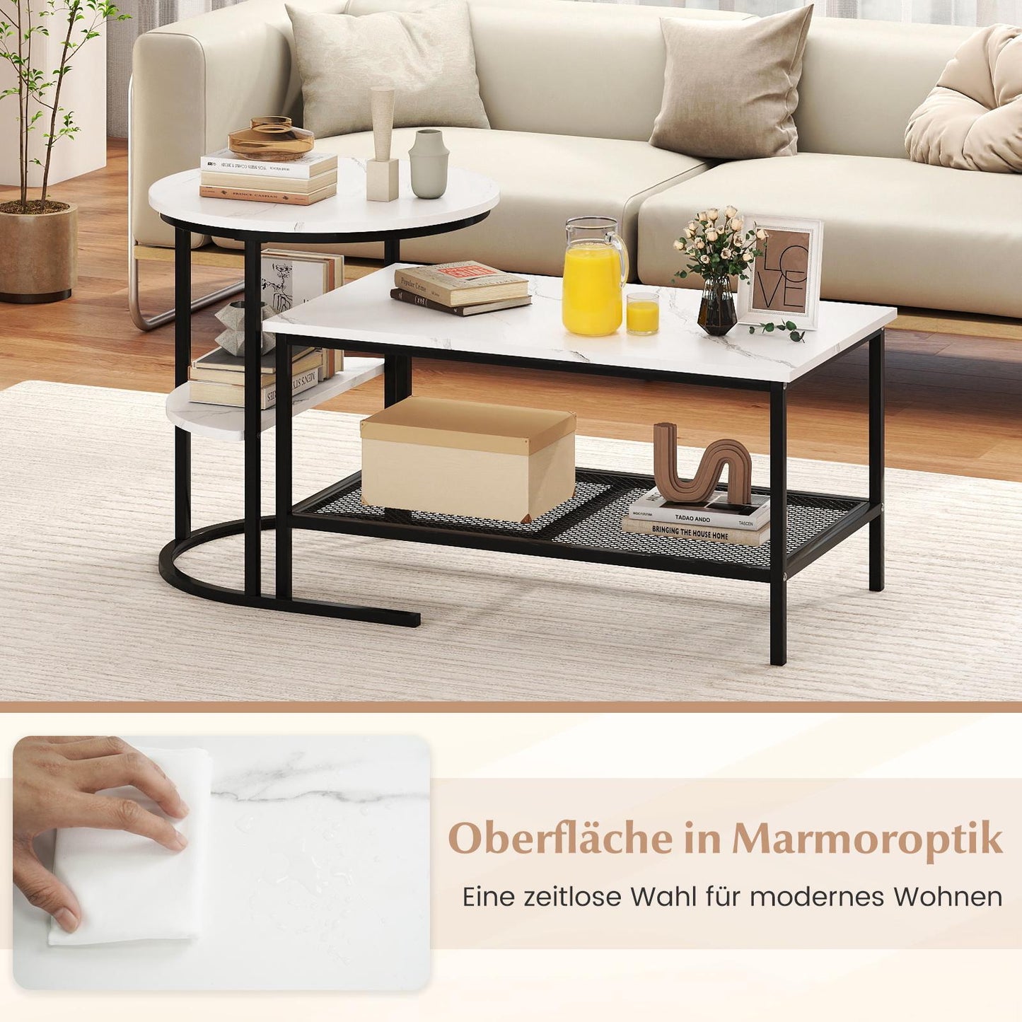 2-Piece Coffee Table Set with Faux Marble Top, Black