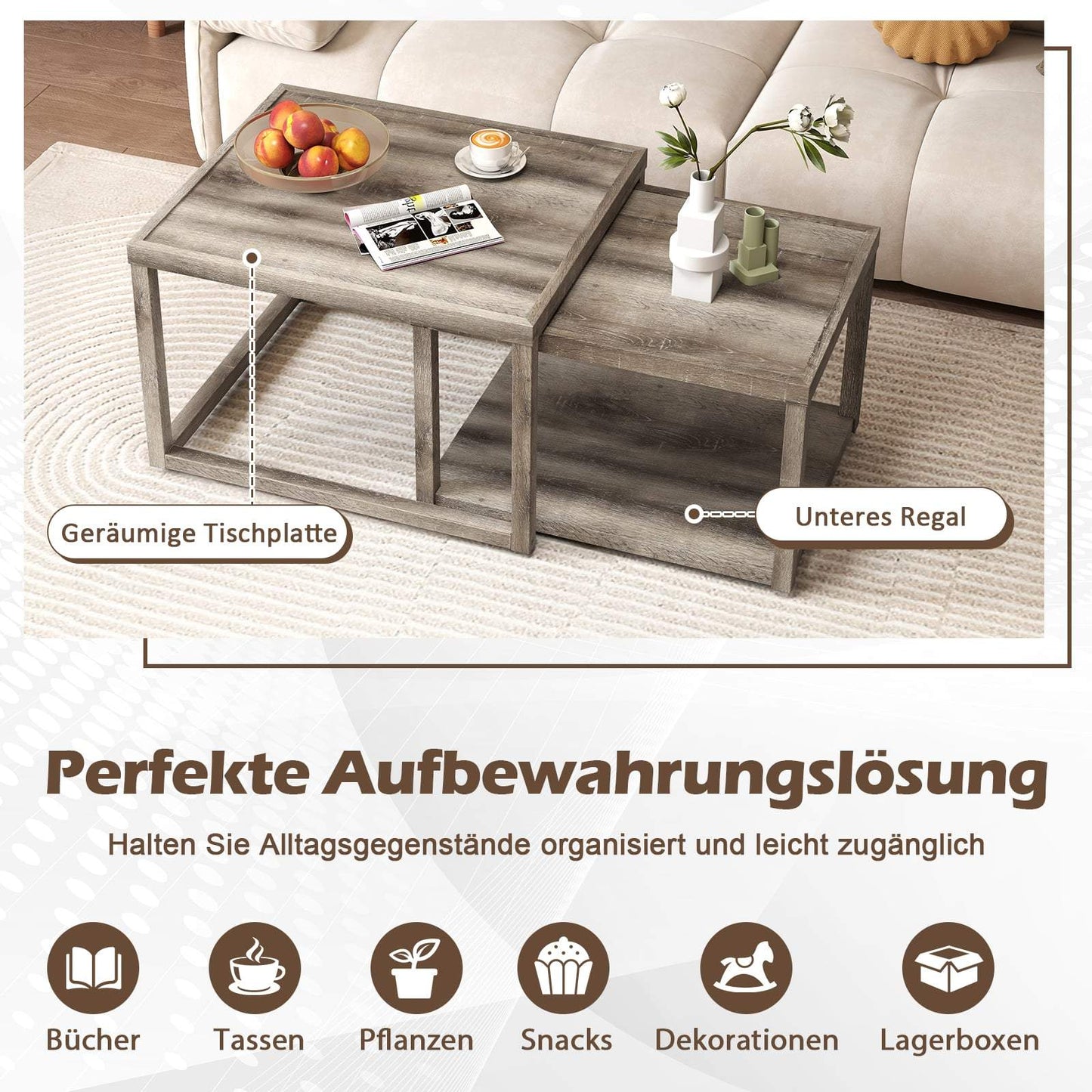 2-Piece Nesting Coffee Table Set with Storage Shelf