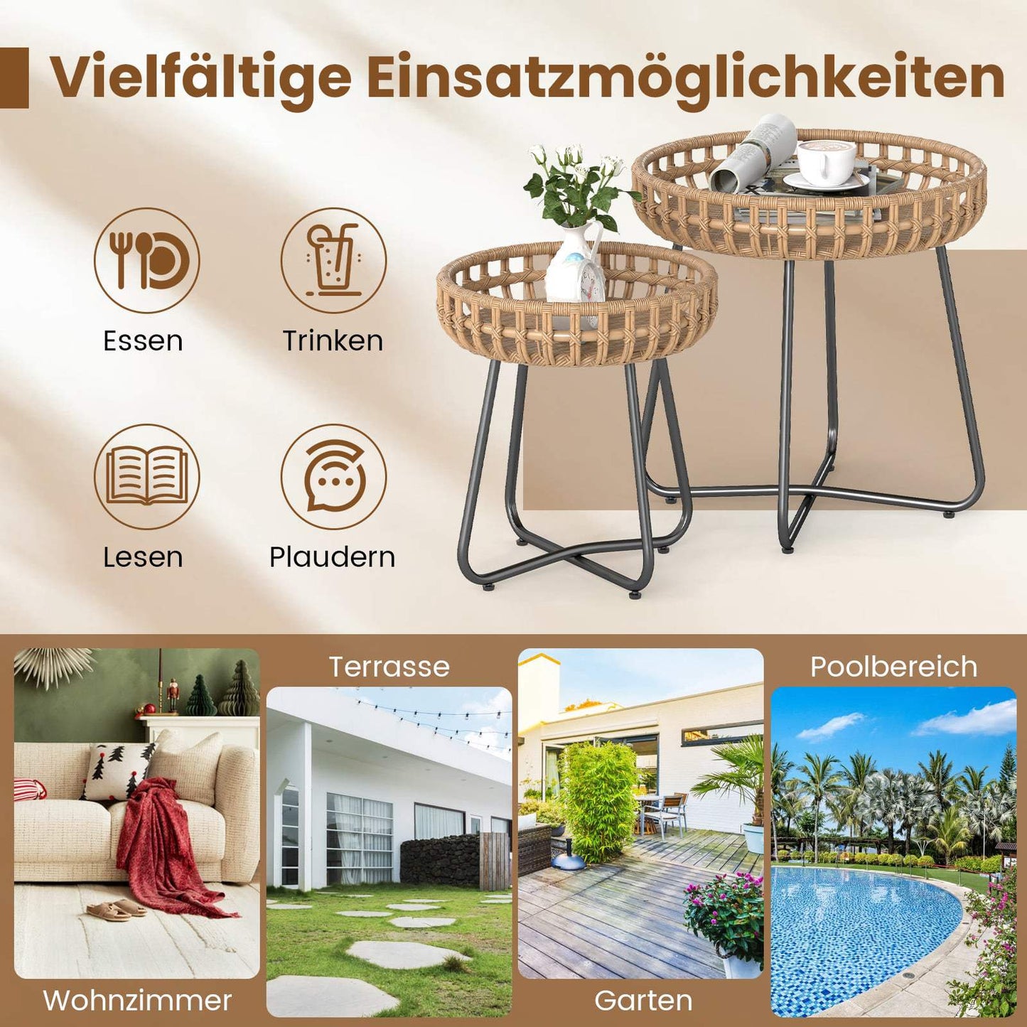 2-Piece Round Outdoor Rattan Side Table Set with Metal Frame