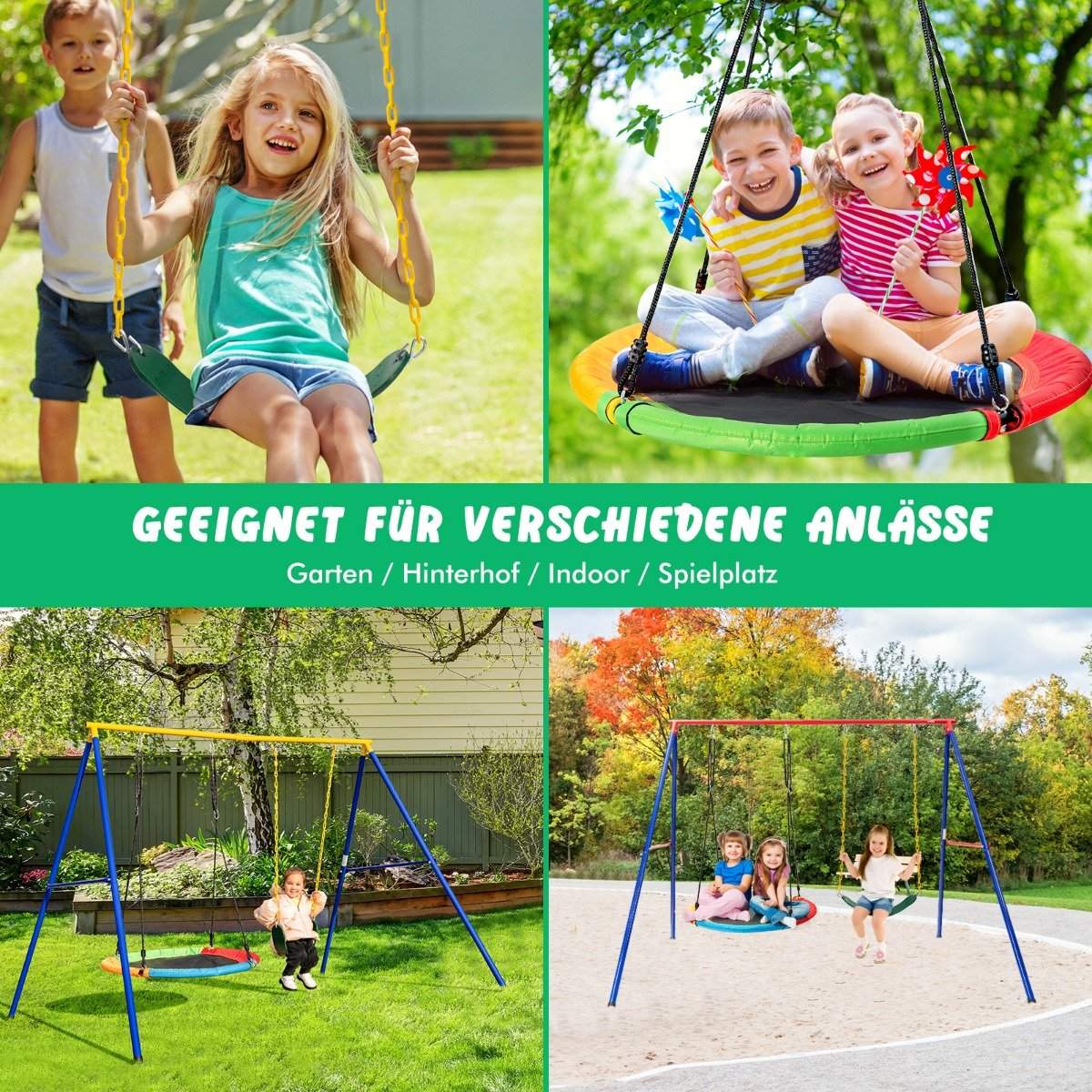 2 Piece Swing Set with Adjustable Ropes & 2 Hanging Paths for Patio Playground Yard Colorful