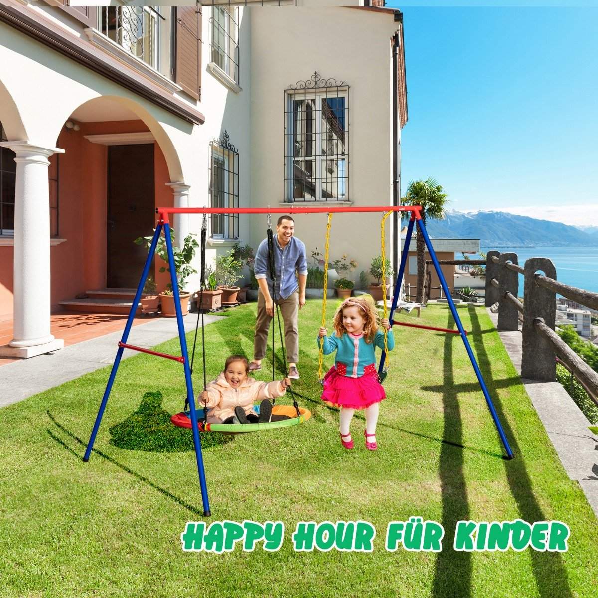 2 Piece Swing Set with Adjustable Ropes & 2 Hanging Paths for Patio Playground Yard Colorful