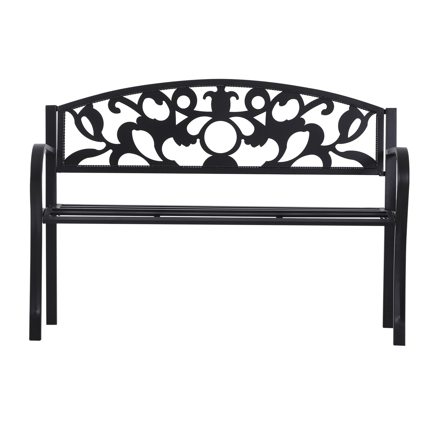 Outdoor metal garden bench, black 2-seater with armrests