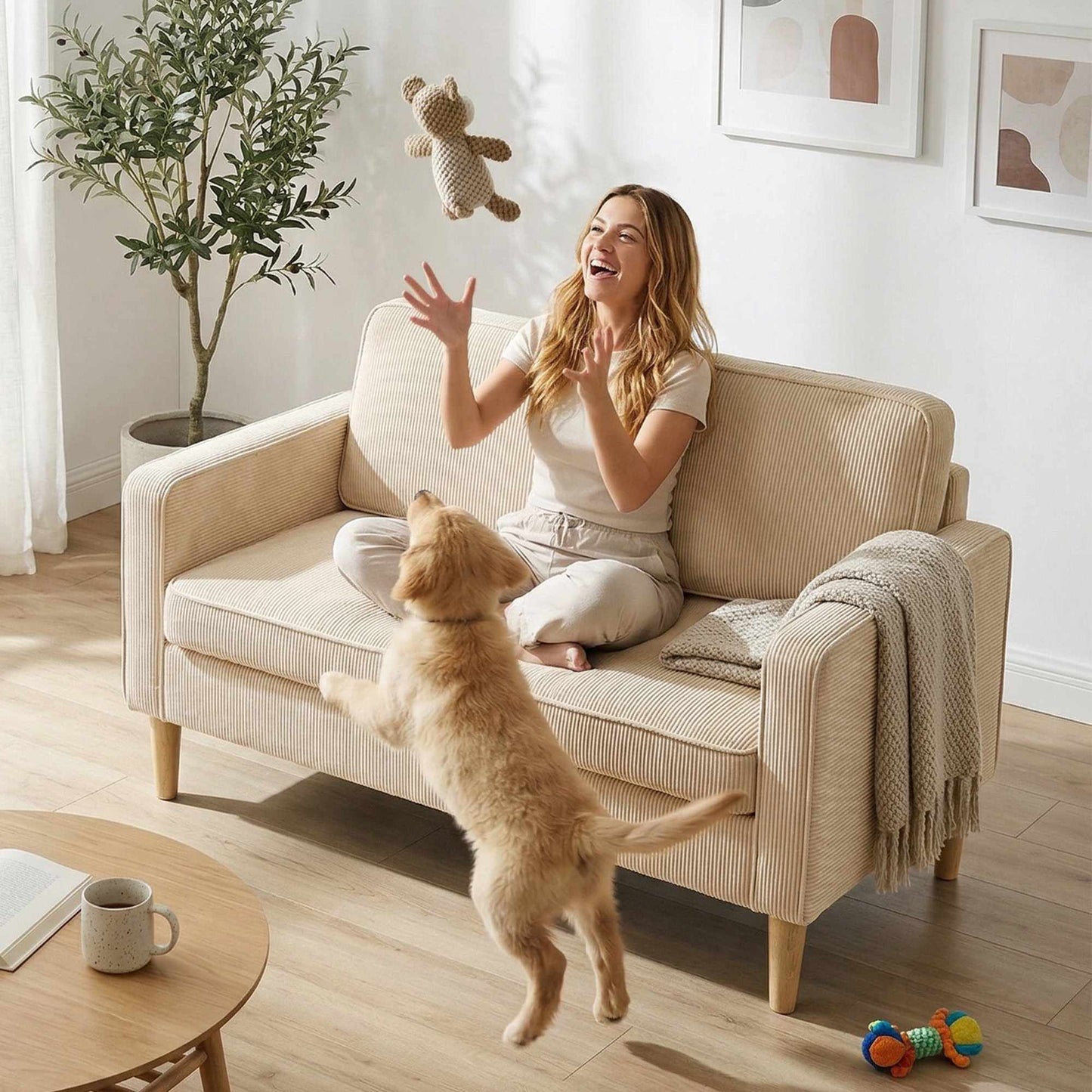 2-Seater Corduroy Sofa with Storage, Beige, 117 x 63 cm