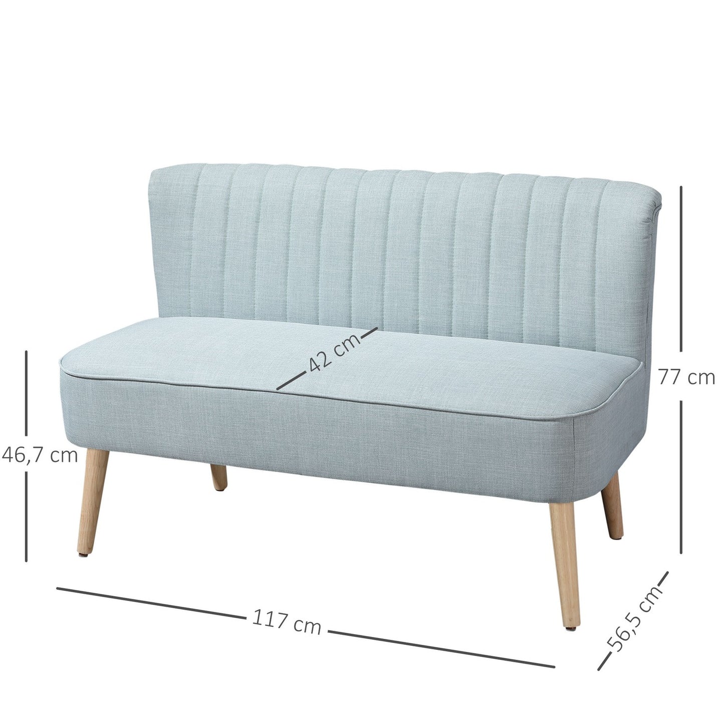 2-seater light green fabric sofa - wooden frame, foam padding