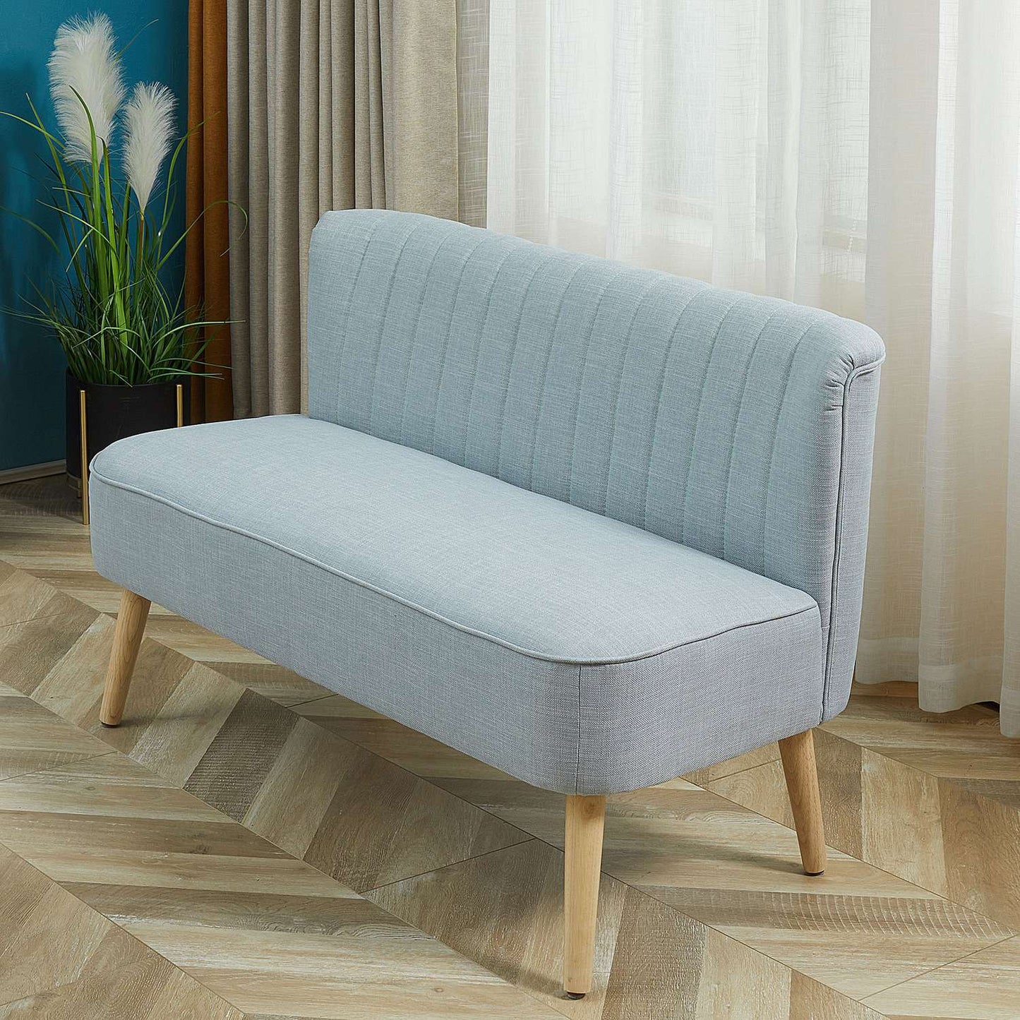 2-seater light green fabric sofa - wooden frame, foam padding