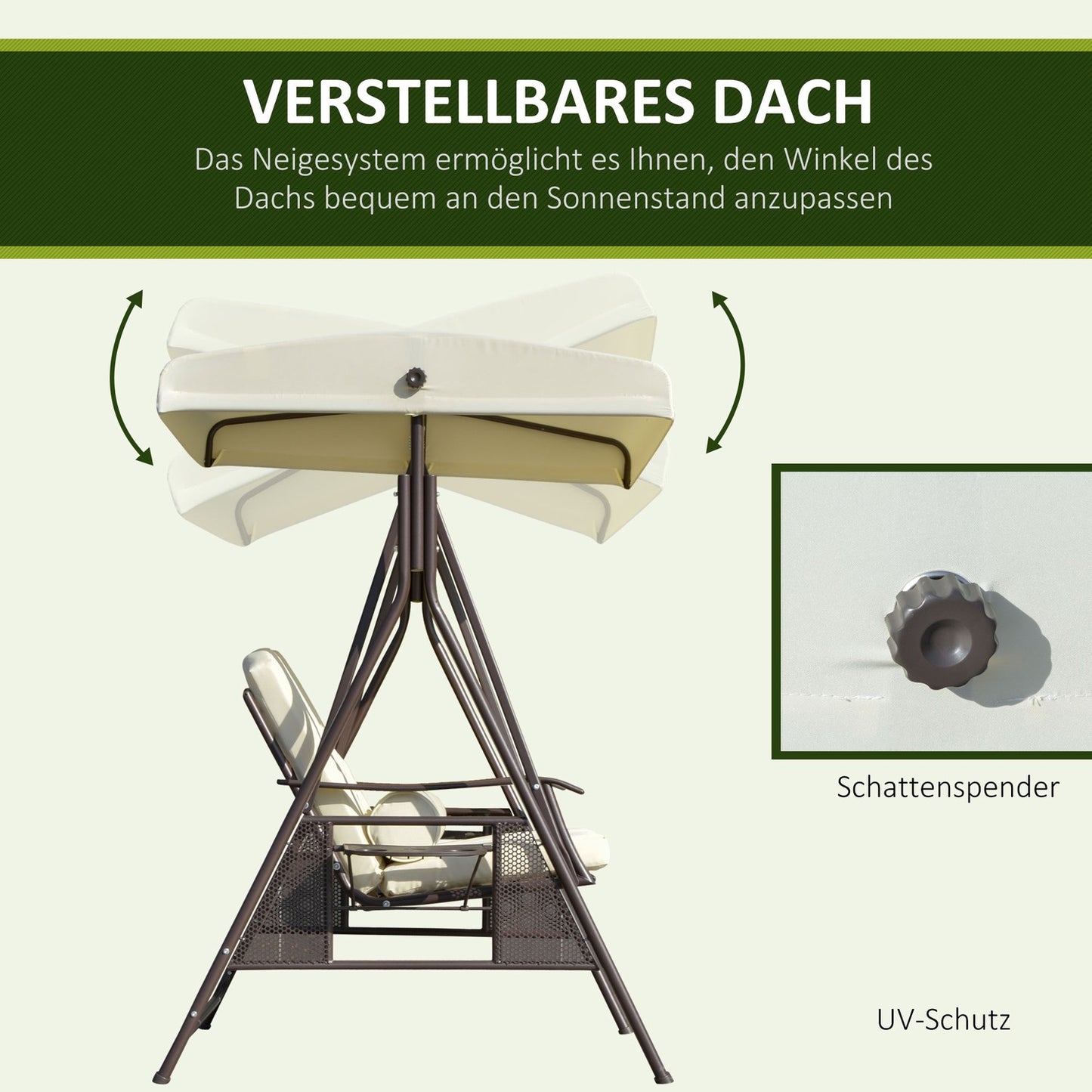 2-seat garden swing with canopy and cushion, beige