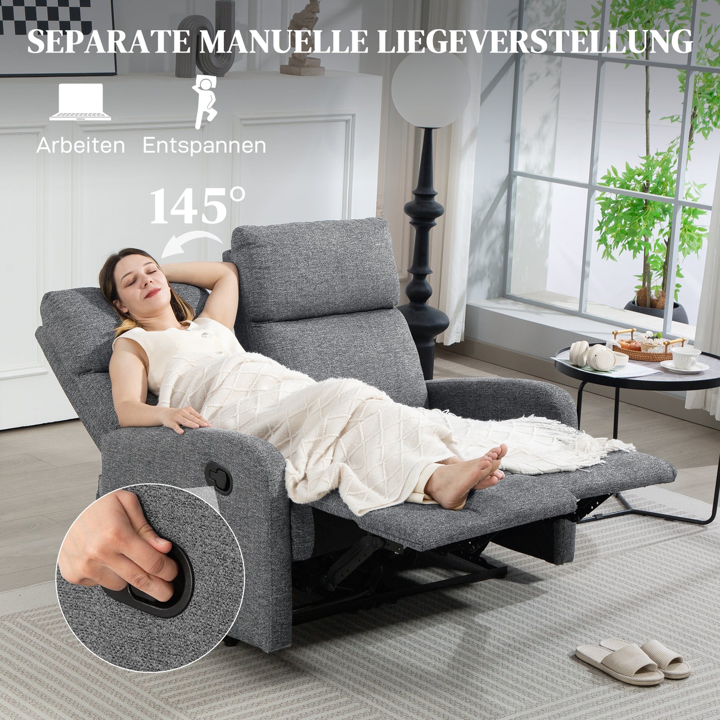2-Seater Recliner Sofa, Adjustable Backrests, Grey Fabric
