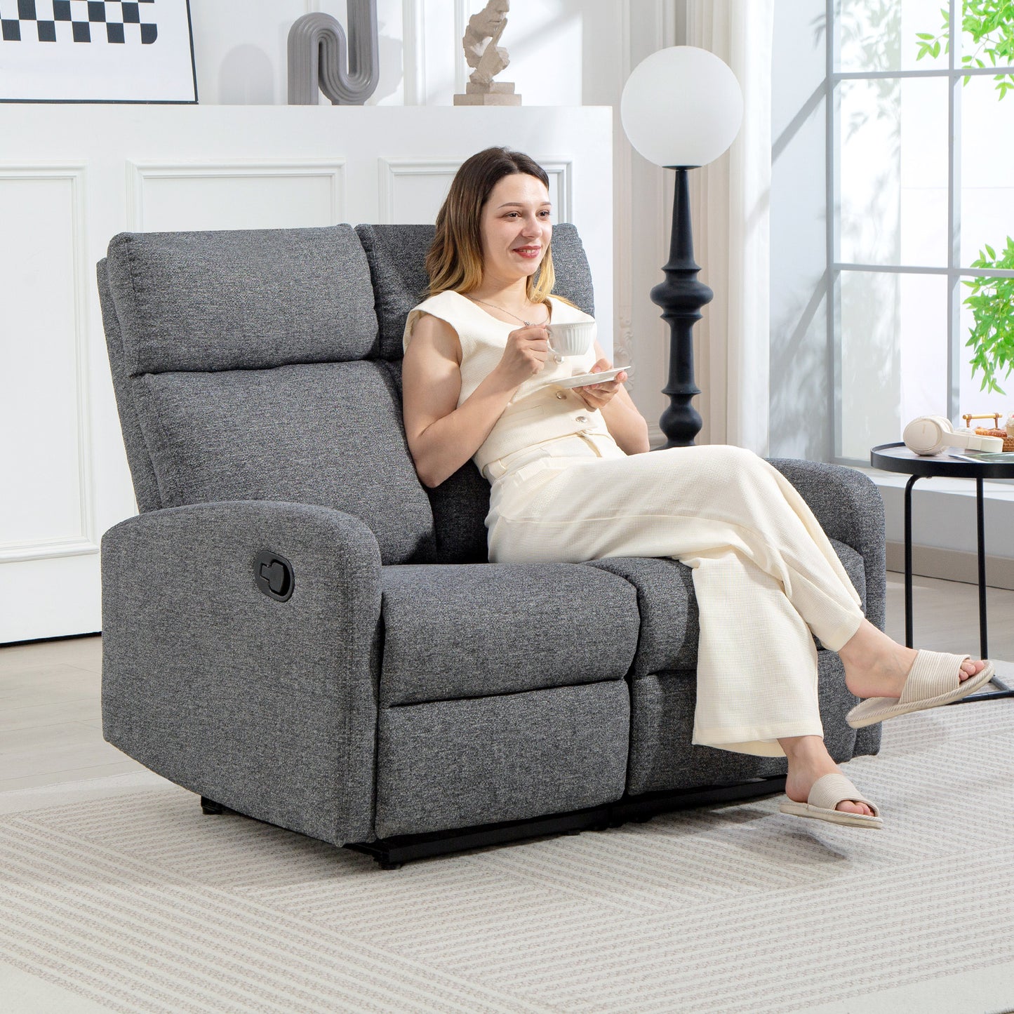 2-Seater Recliner Sofa, Adjustable Backrests, Grey Fabric