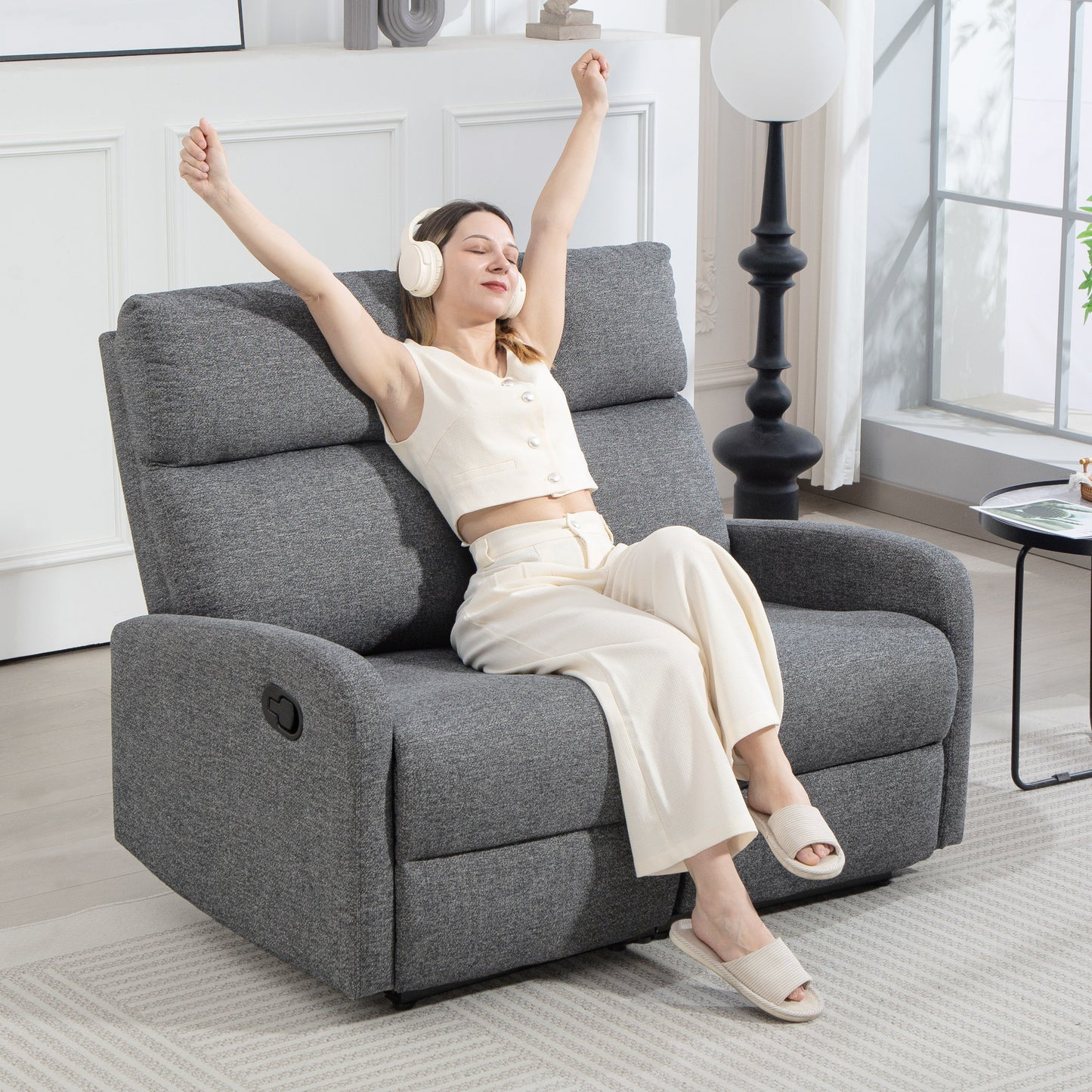 2-Seater Recliner Sofa, Adjustable Backrests, Grey Fabric