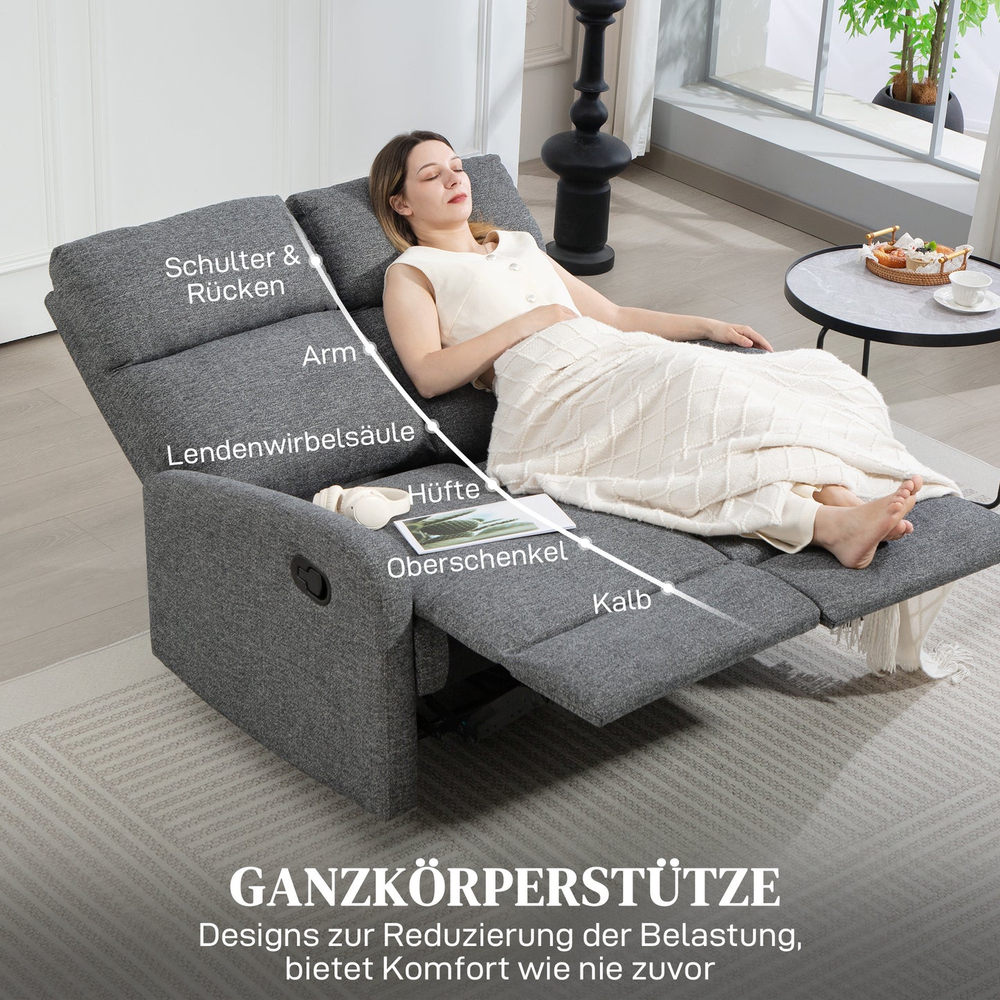 2-Seater Recliner Sofa, Adjustable Backrests, Grey Fabric