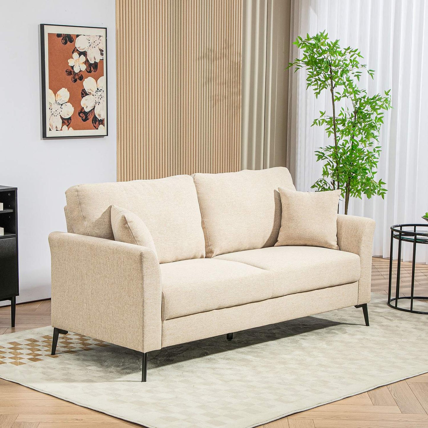 2-seater linen sofa, metal legs, beige upholstery