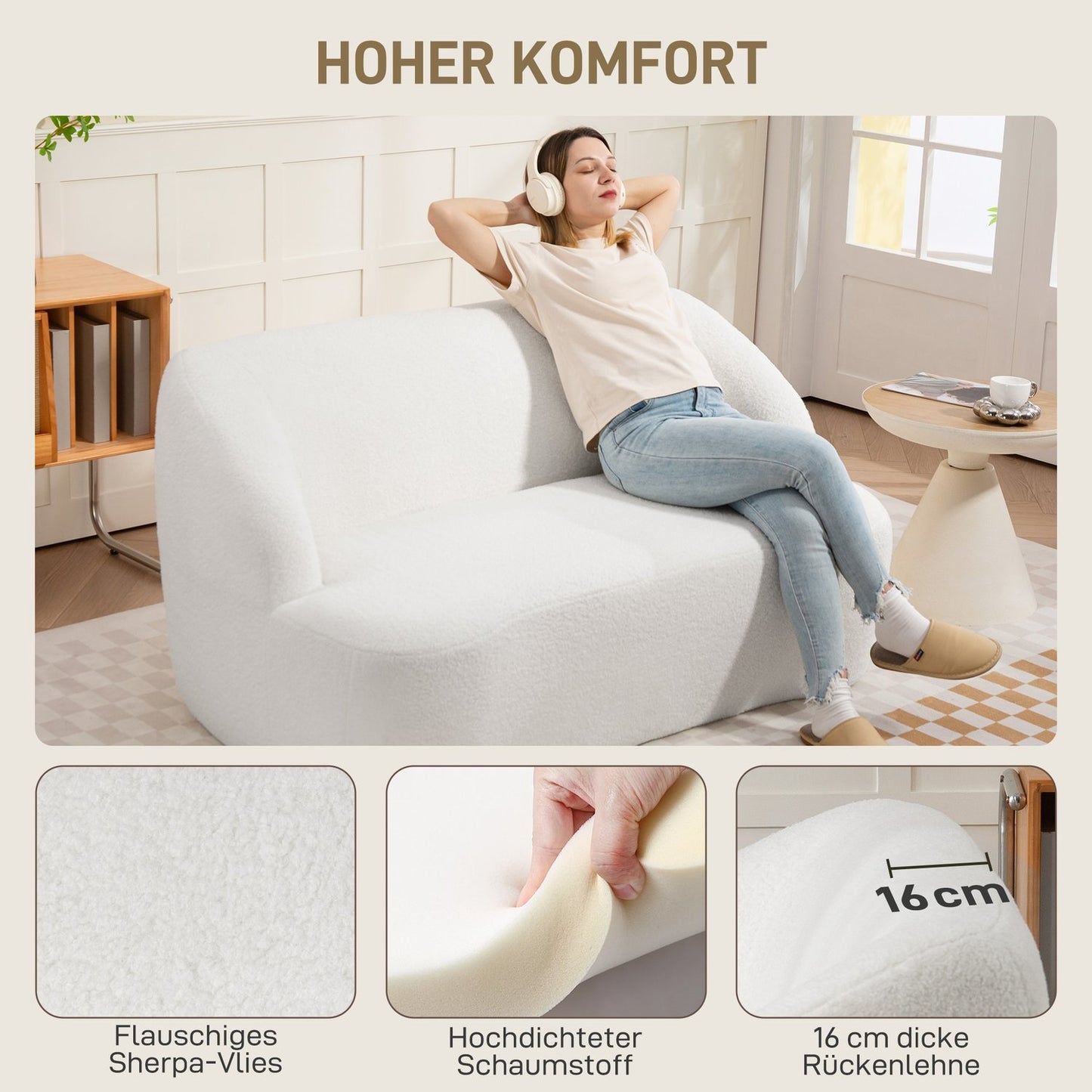 2-Seater Sofa, Curved Design, Fleece Upholstery, Cream White
