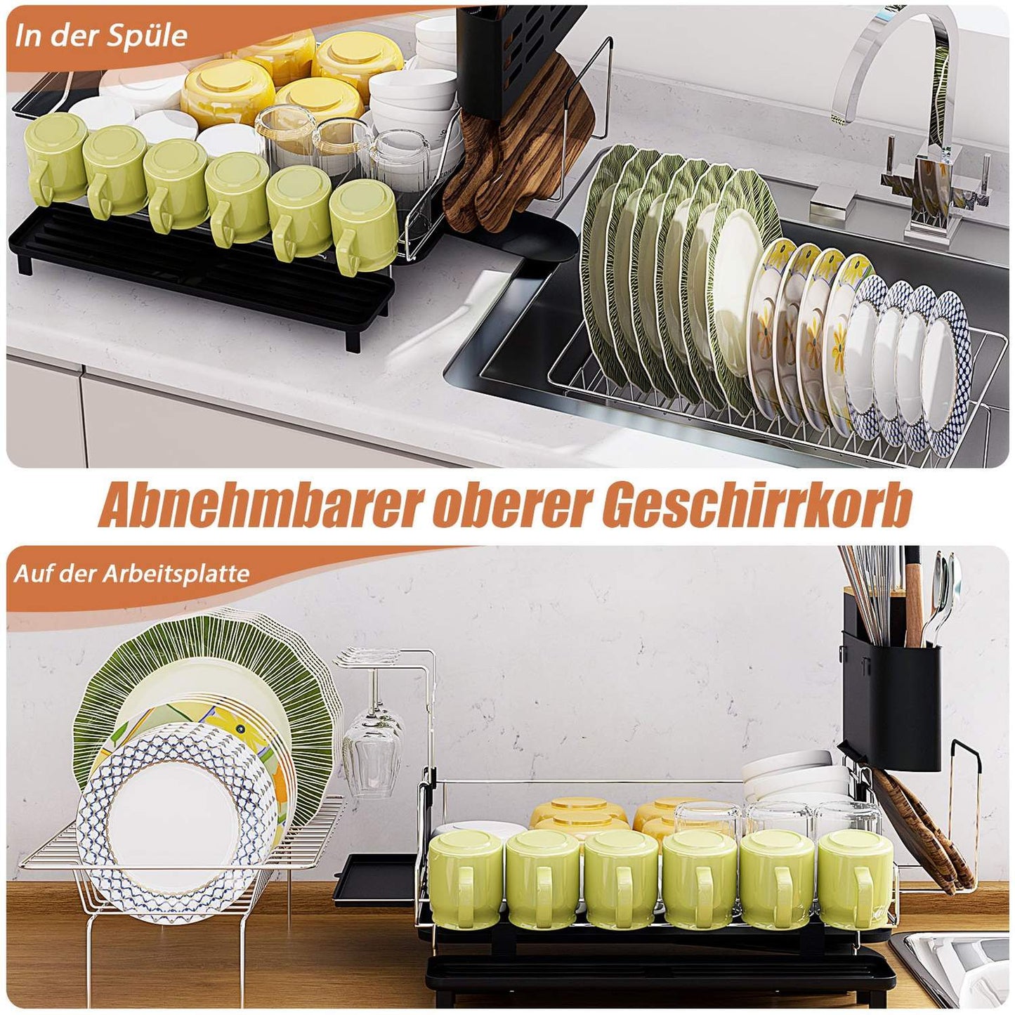 2-Tier Dish Rack Removable Dish Drainer Black 58 x 42 x 37 cm