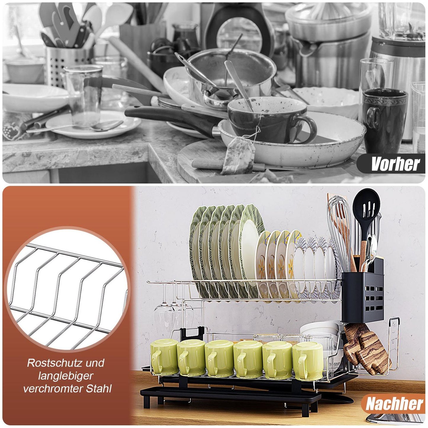 2-Tier Dish Rack Removable Dish Drainer Black 58 x 42 x 37 cm