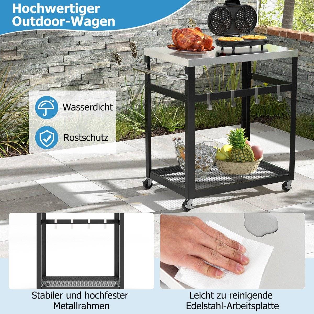 2 Tier Stainless Steel Grill Cart with Wheels & Handle & Hooks Outdoor Cart Work Table
