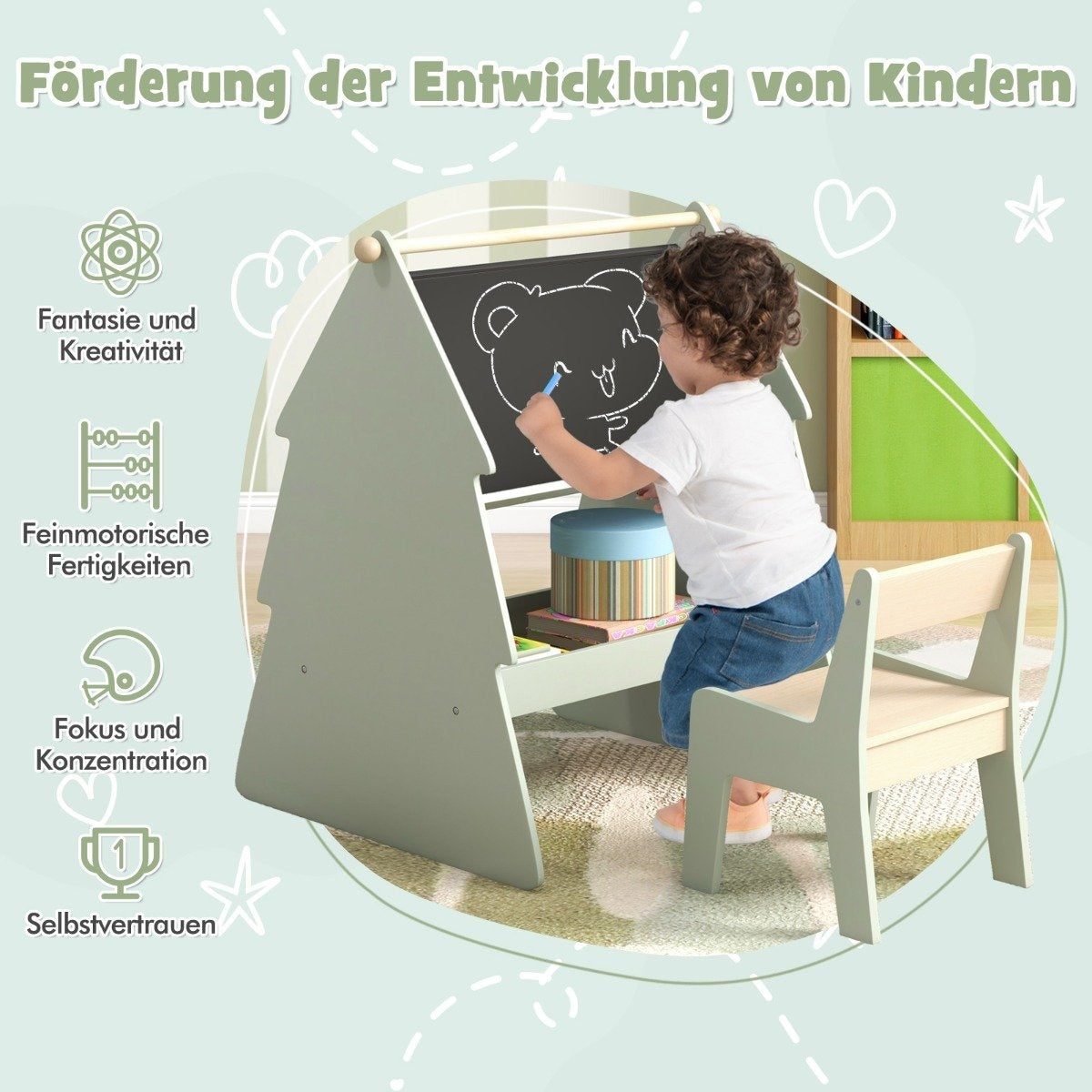 2 in 1 Children's Easel with Chair in Tree Shape Double-Sided Standing Board with Chalkboard & Whiteboard