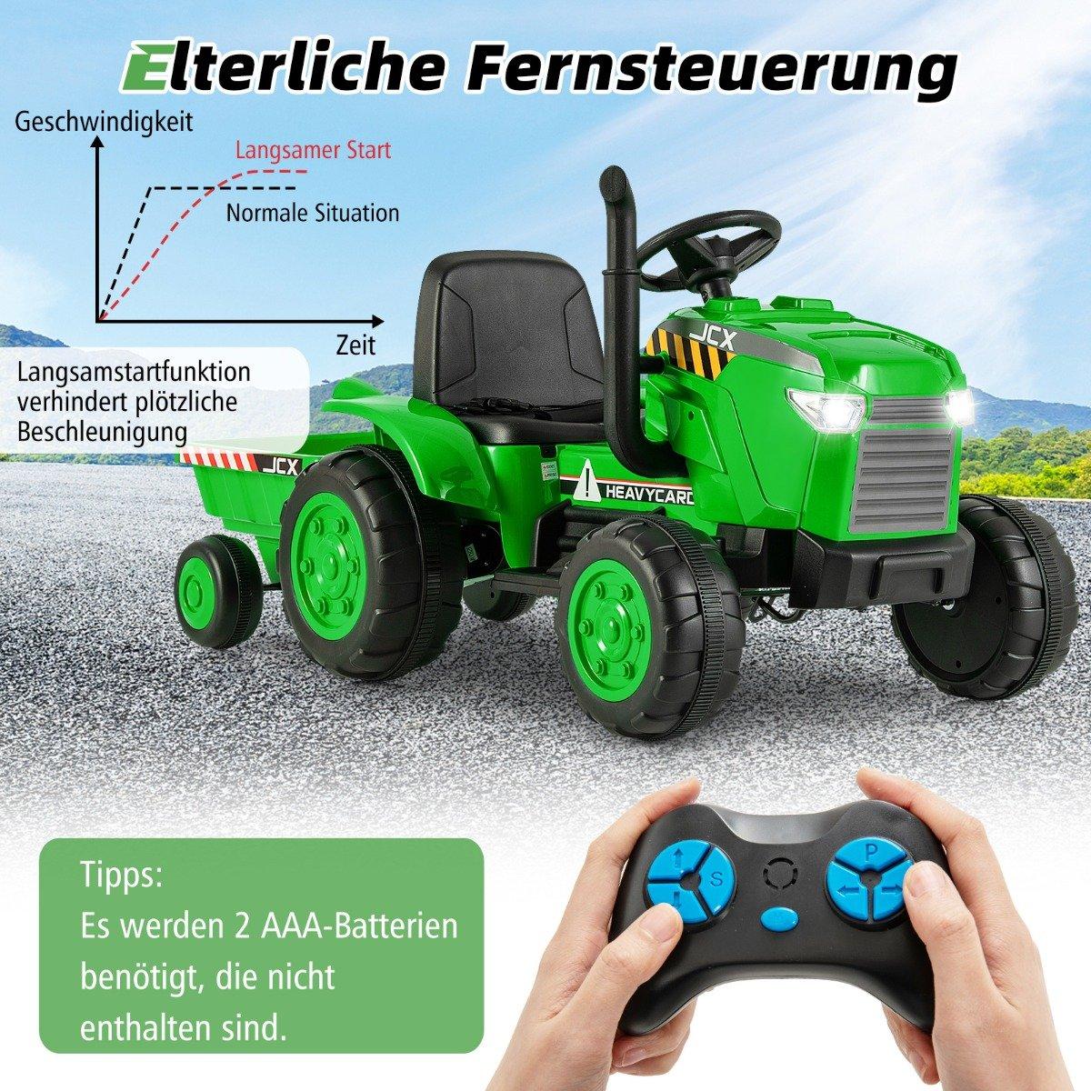 2 in 1 Children's Electric Tractor with Trailer & Remote Control Electric Toy Car-Green