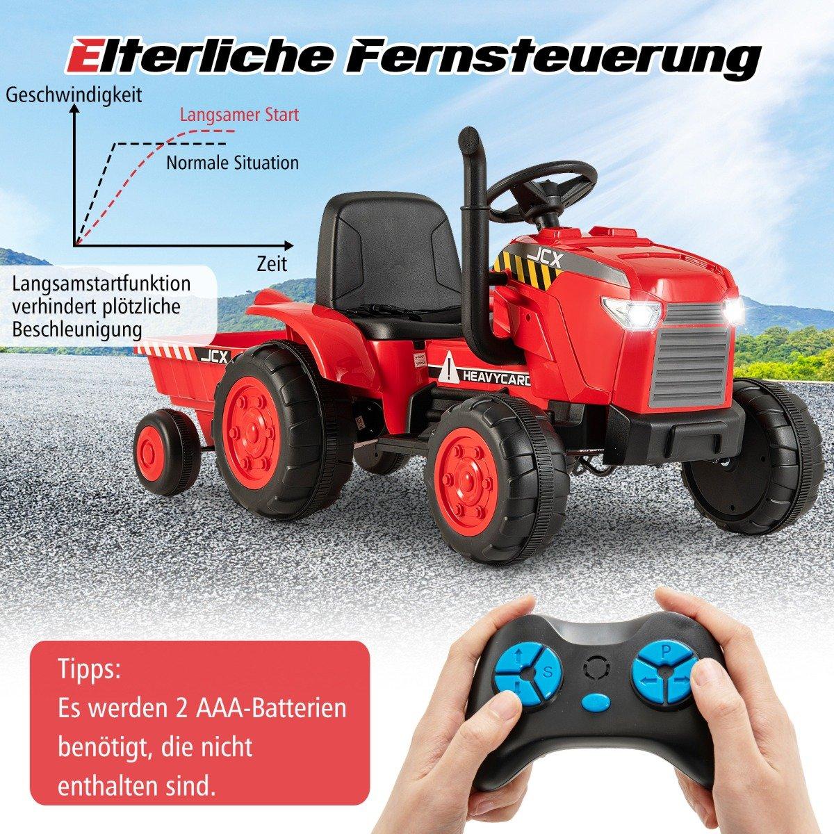 2 in 1 Children's Electric Tractor with Trailer & Remote Control Electric Toy Car-Red