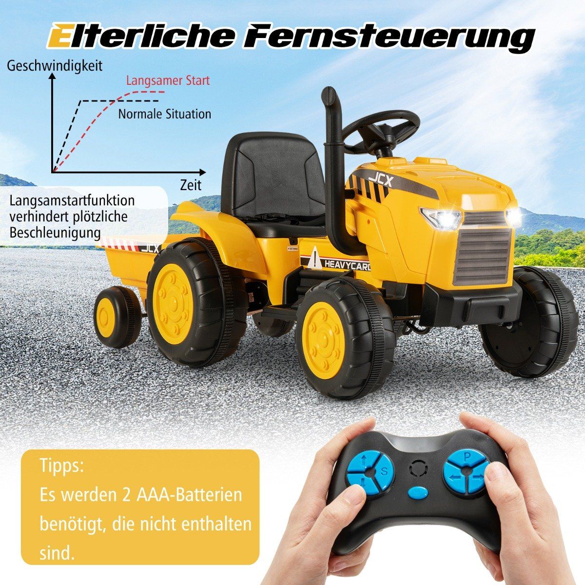 2 in 1 Children's Electric Tractor with Trailer & Remote Control Electric Toy Car-Yellow