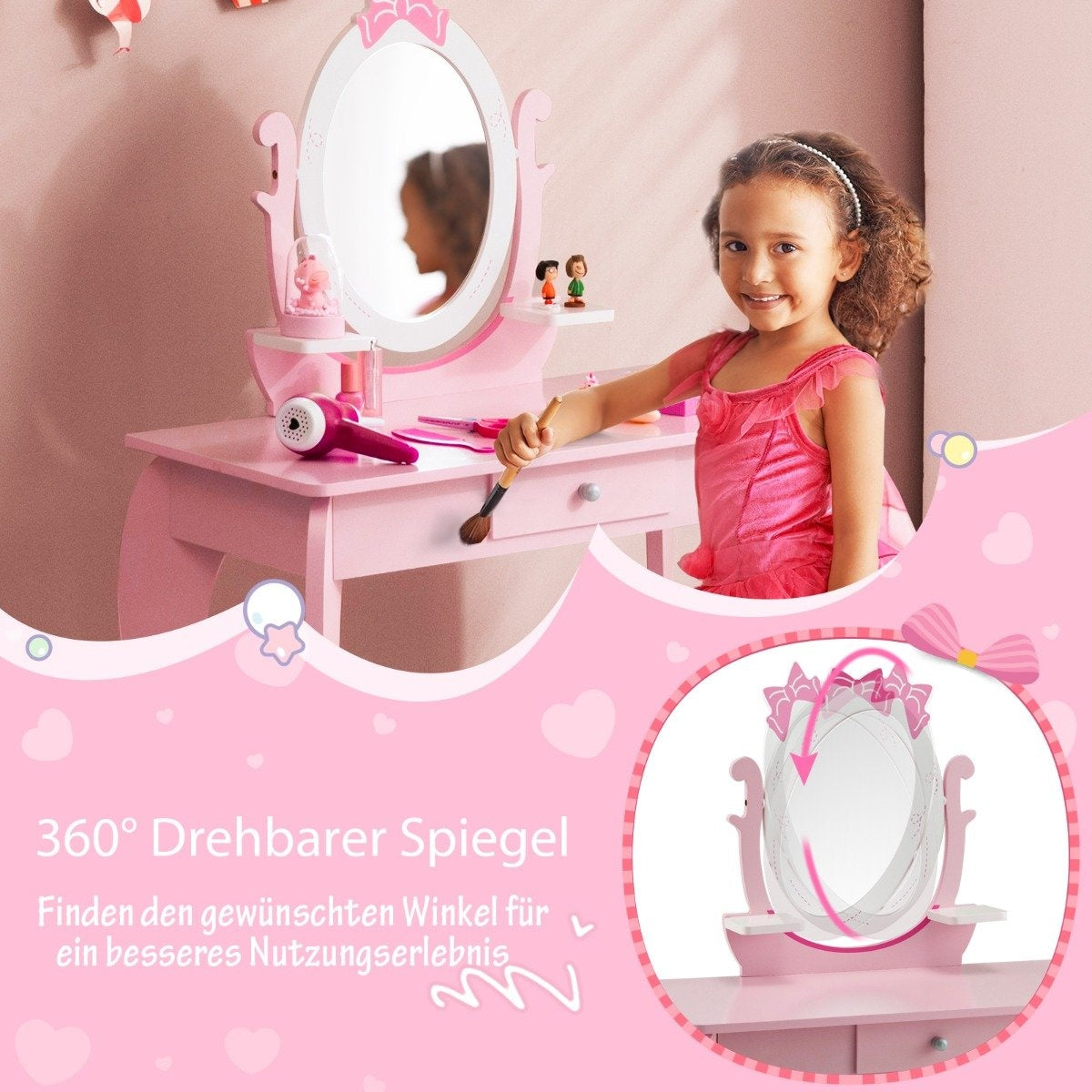 2-in-1 Children's Wooden Dressing Table Set with Stool for Children Ages 3-7 Pink + White