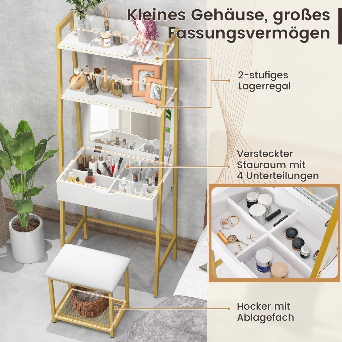 2 in 1 Dressing Table with Stool & Mirror & Double Shelves & Hidden Cabinet White Gold