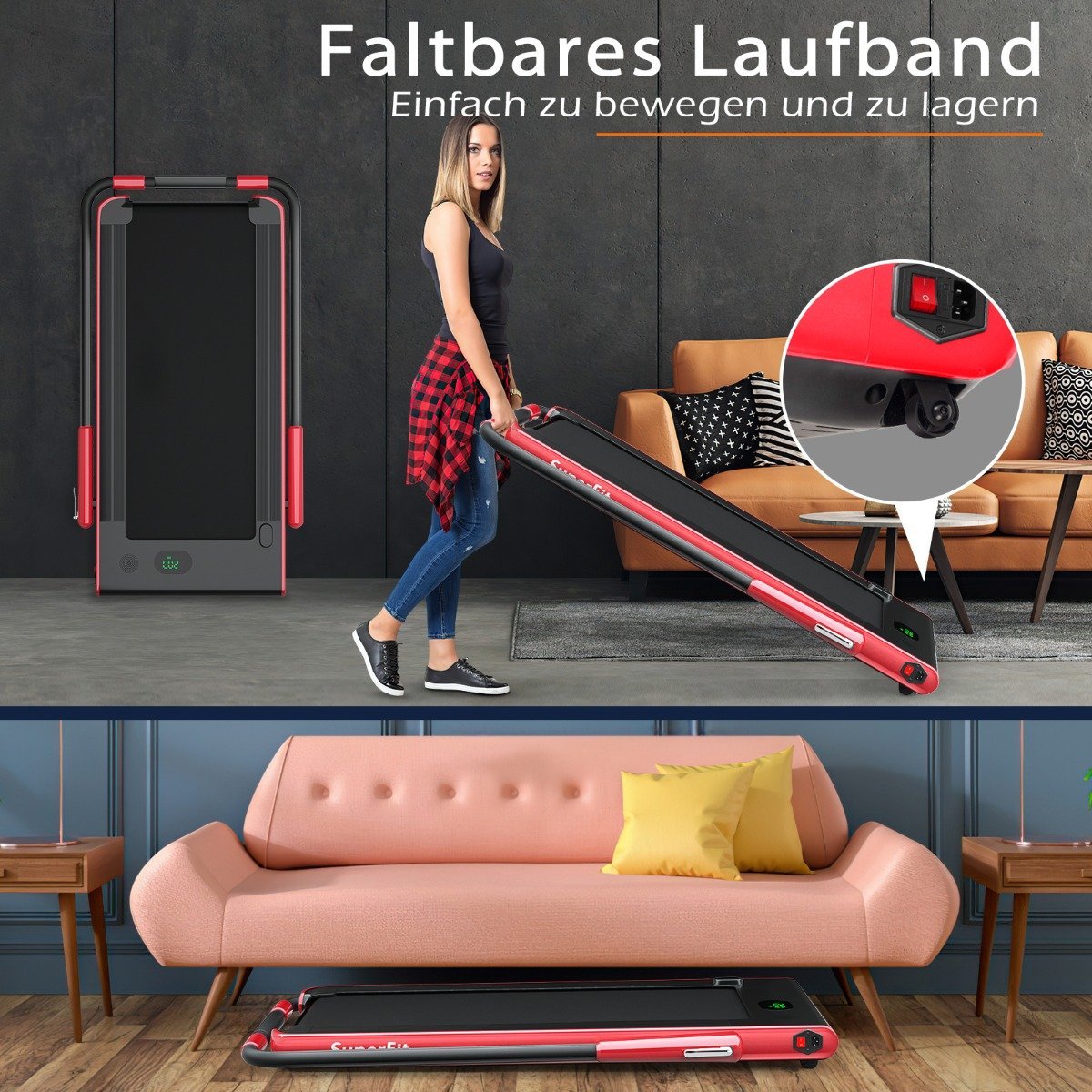 2-in-1 Foldable Treadmill with APP & Remote Control Mobile Phone Holder Compact Home Treadmill Red