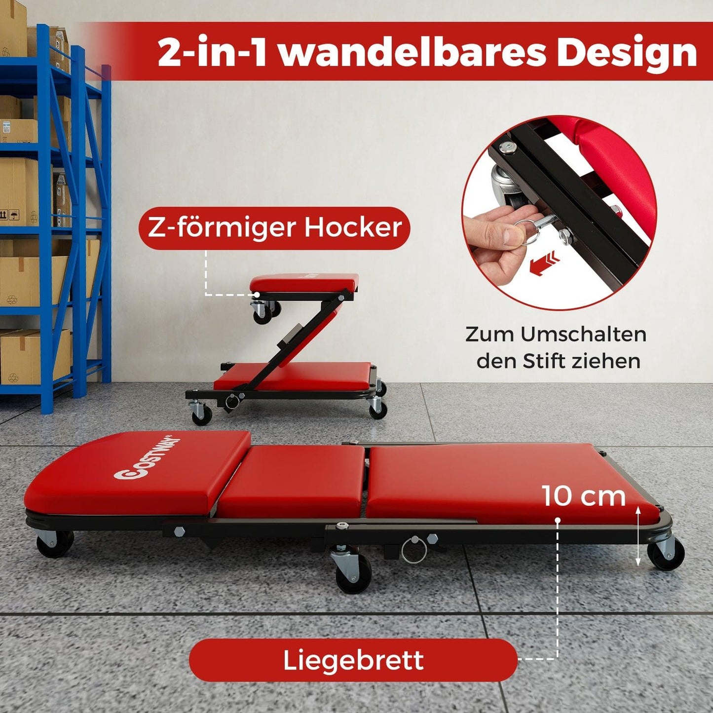 2-in-1 Garage Creeper with Padded Seat, 150kg Capacity