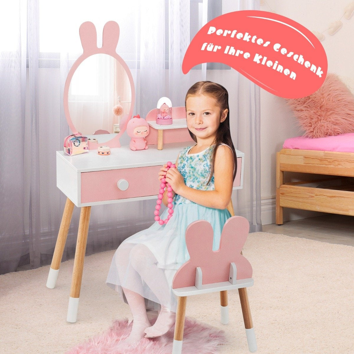 2 in 1 Kids Dressing Table & Chair Set with Mirror & 2 Drawers & Storage Rack Pink