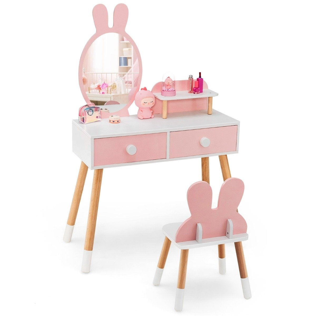 2 in 1 Kids Dressing Table & Chair Set with Mirror & 2 Drawers & Storage Rack Pink