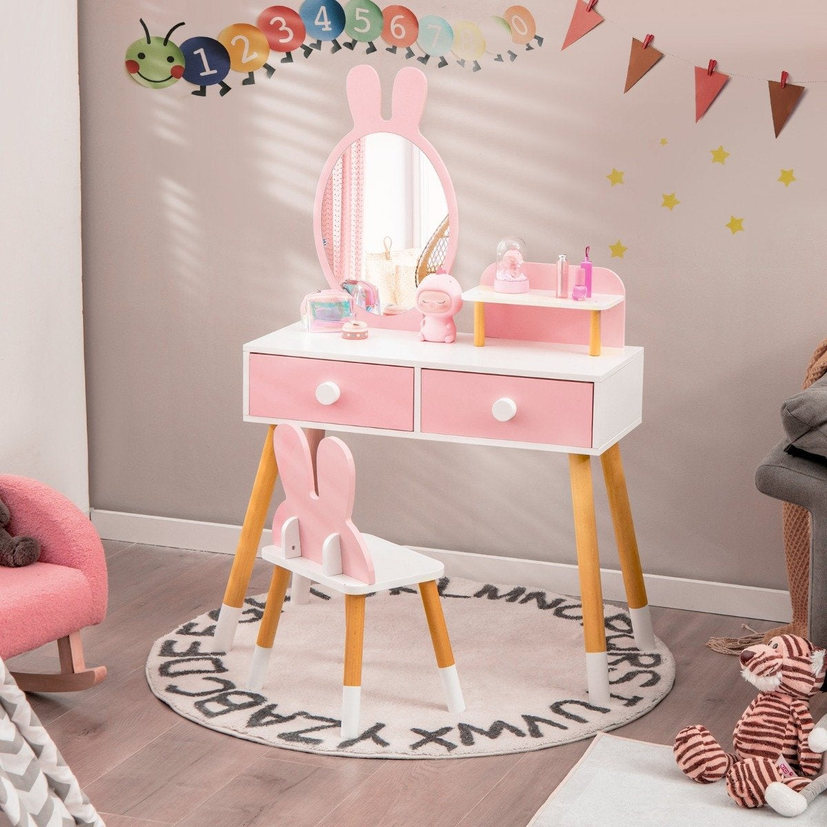 2 in 1 Kids Dressing Table & Chair Set with Mirror & 2 Drawers & Storage Rack Pink