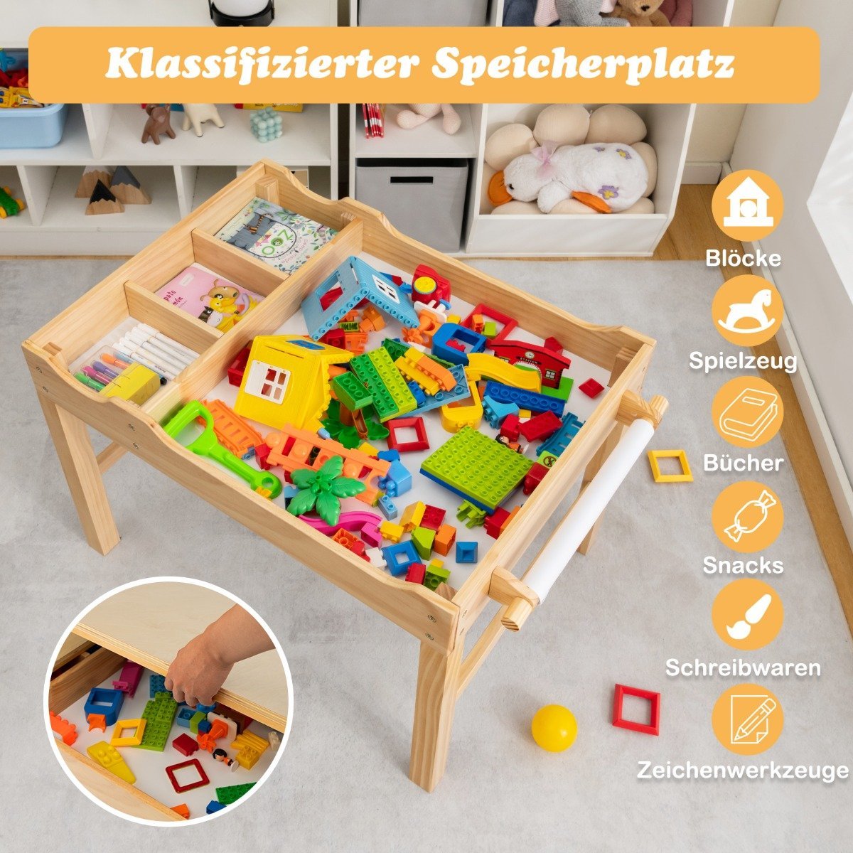 2-in-1 Kids Pine Wood Table with Reversible Top & Storage