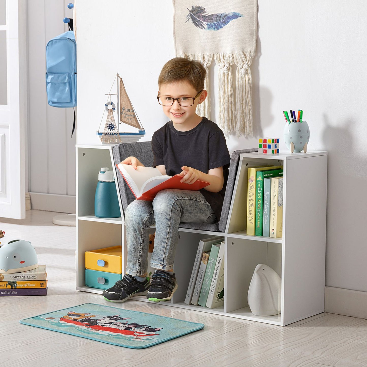 2-in-1 Kids Storage Shelf & Bench with Cushion, White/Grey