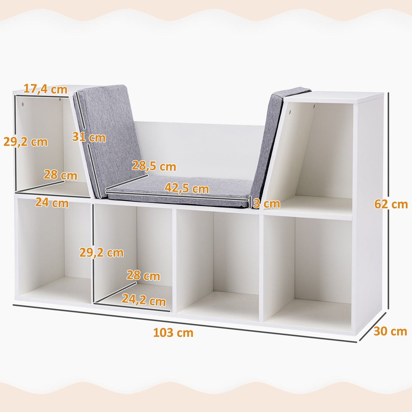 2-in-1 Kids Storage Shelf & Bench with Cushion, White/Grey