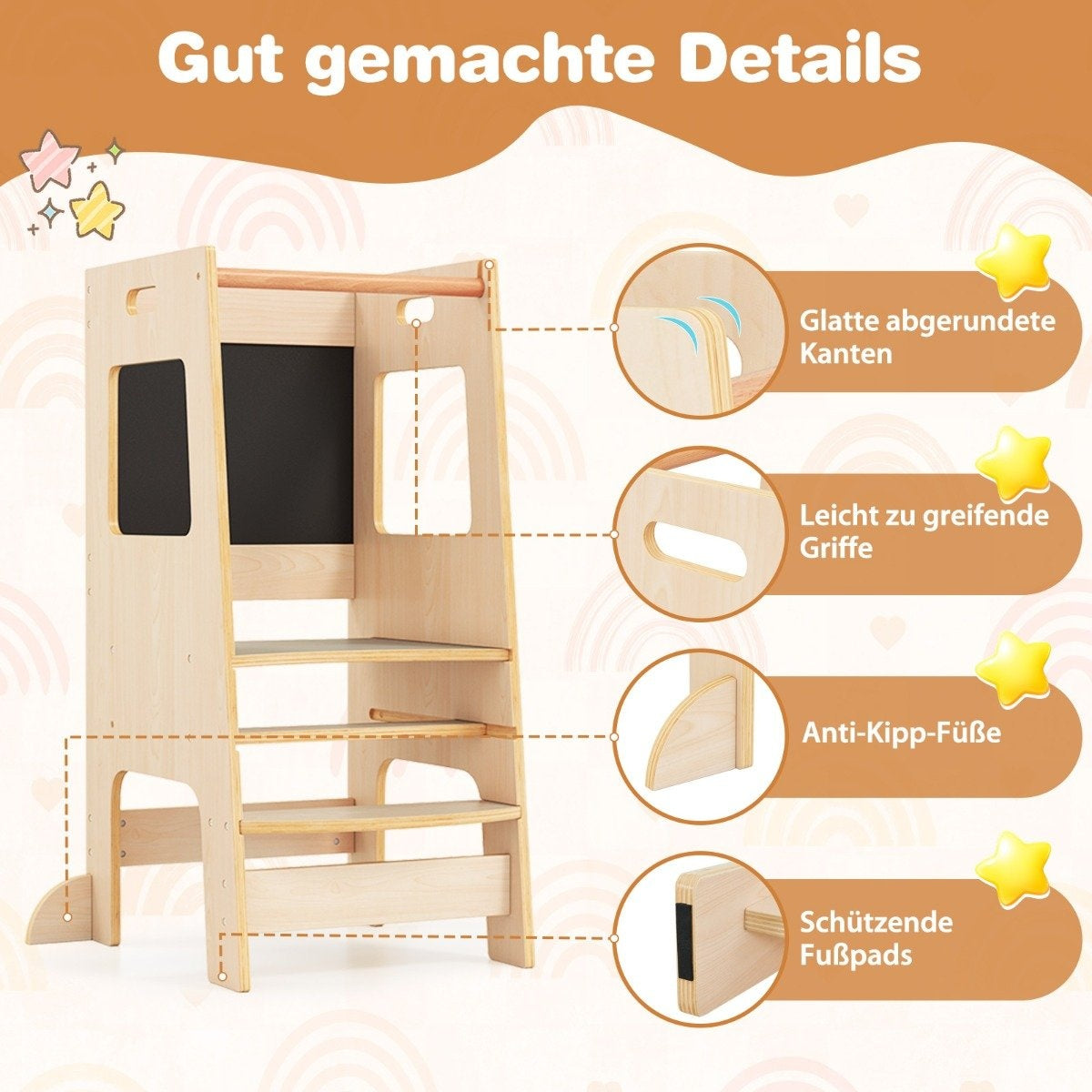 2 in 1 Kitchen Helper Learning Tower with 3 Adjustable Heights & Chalkboard Step Stool Learning Chair Natural