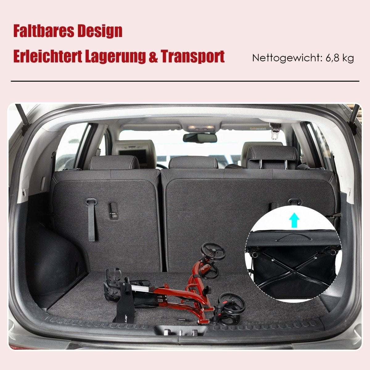 2 in 1 Travel Rollator with Seat & Bag & Stick Holder Foldable & Lightweight Red