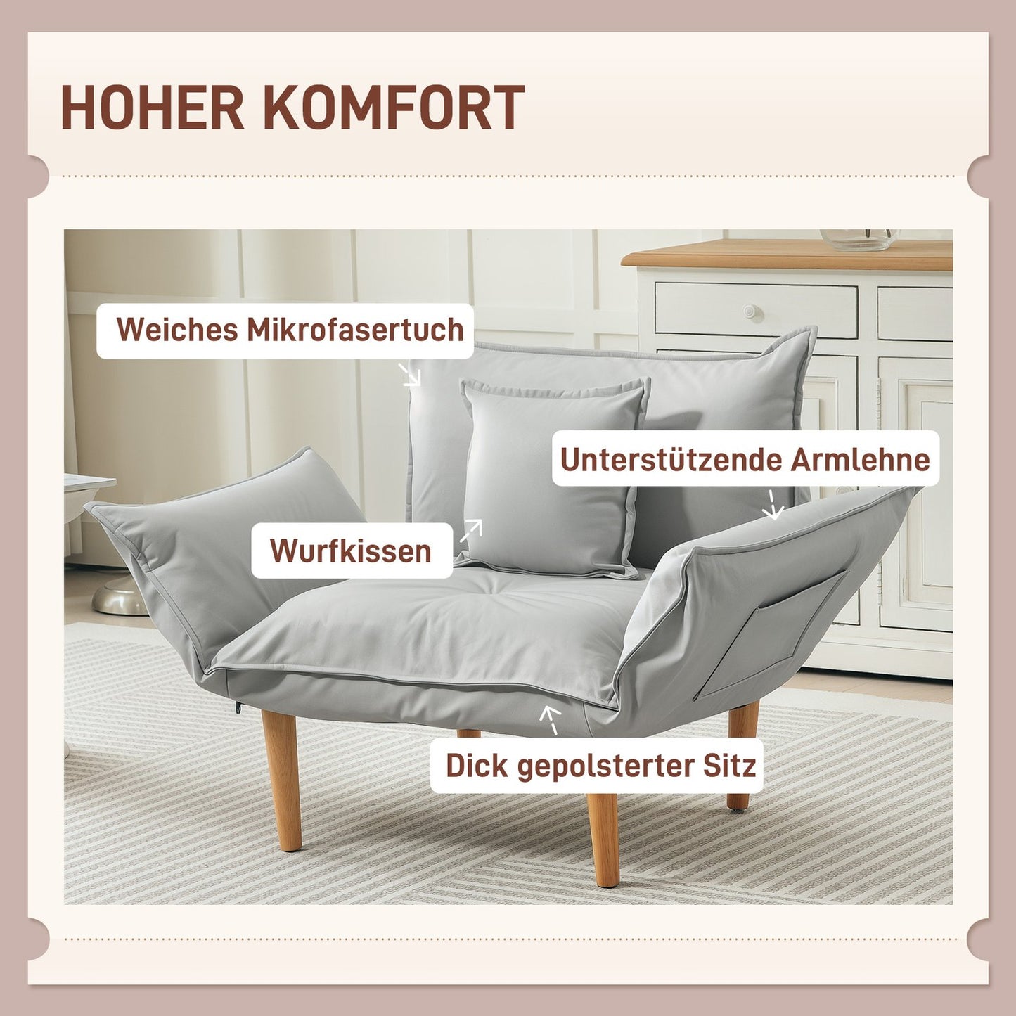 Adjustable light gray upholstered armchair with cushion