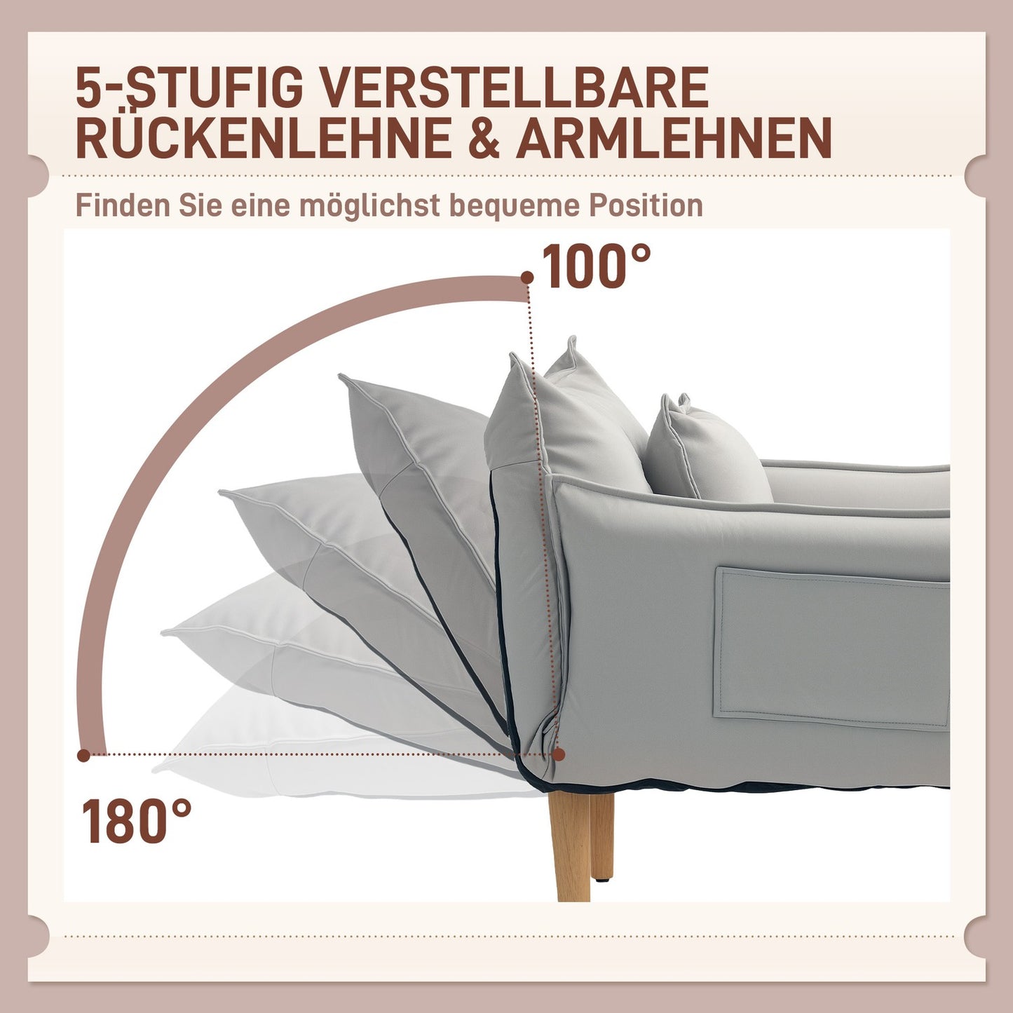 Adjustable light gray upholstered armchair with cushion