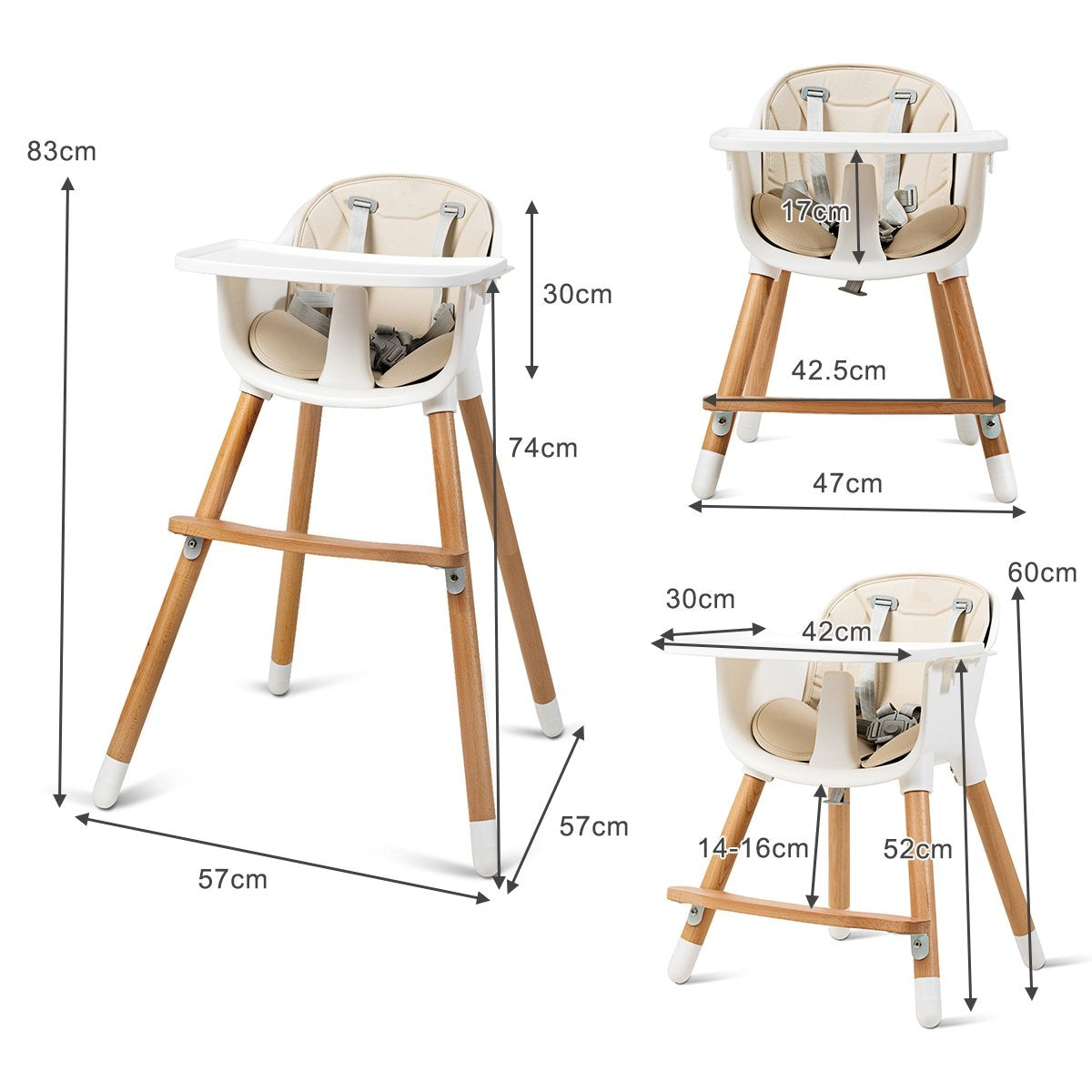 2-in-1 baby high chair made of wood, adjustable 57 x 57 x 83 cm cream white + natural