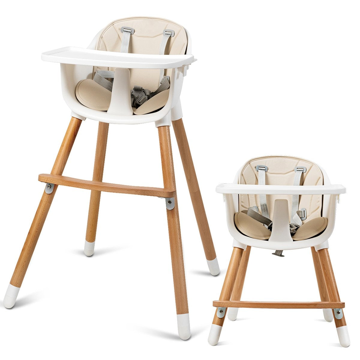 2-in-1 baby high chair made of wood, adjustable 57 x 57 x 83 cm cream white + natural