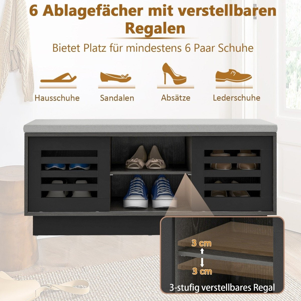 2 in 1 bench & shoe rack with 6 compartments & 3 adjustable shelves 99.5 x 34.5 x 46 cm gray