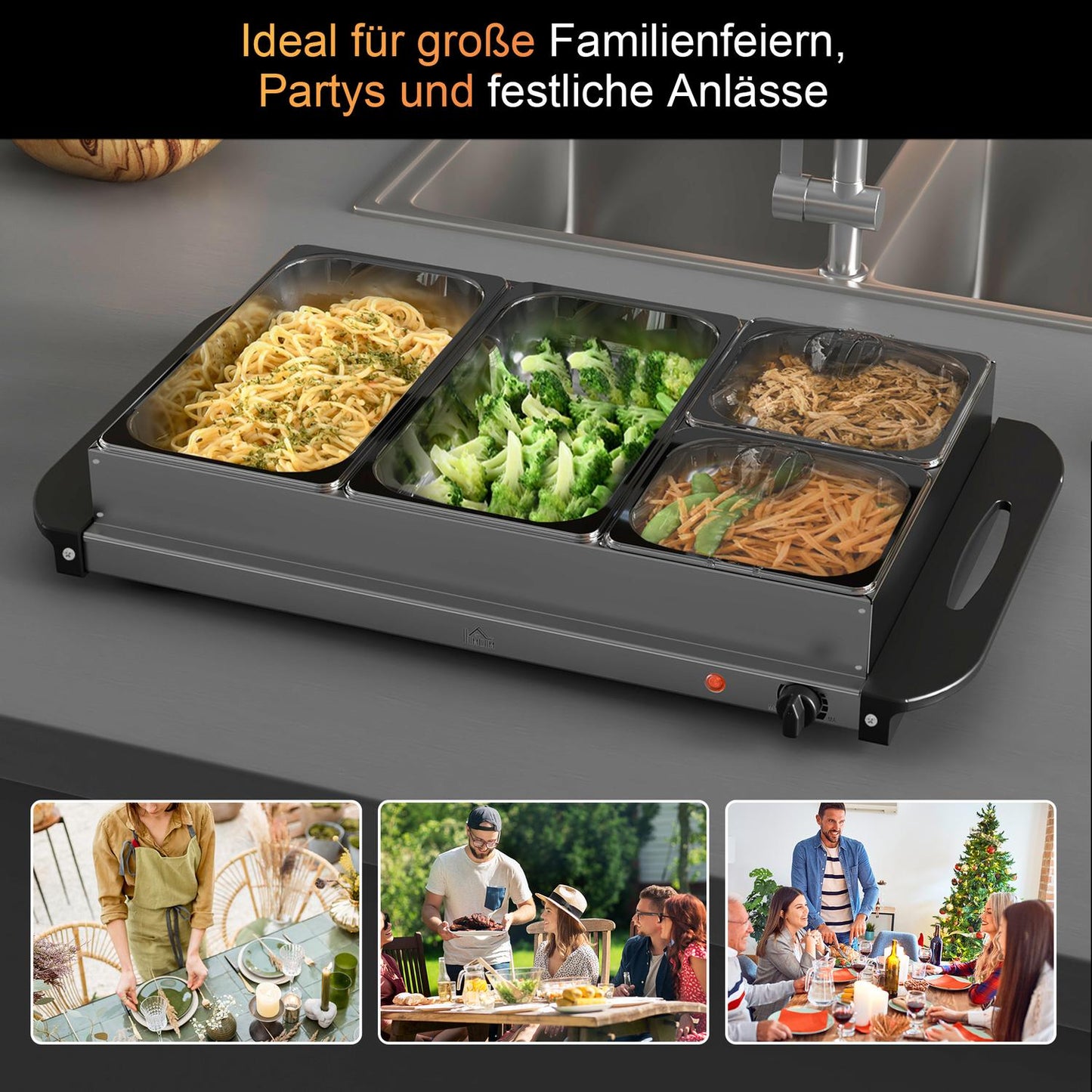 2-in-1 buffet warmer 6.8L hot plate 300 Watt stainless steel food warmer silver